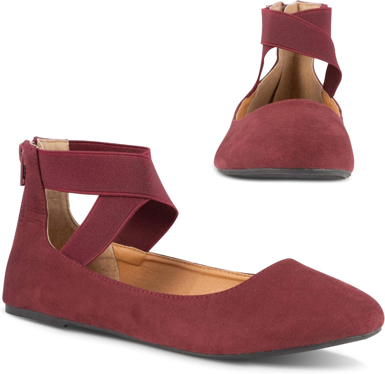 Twisted Sara Womens Flats with Ankle Strap | Elastic Strap Ballet Flats for Women with Zipper Back, Comfort Insole, Burgundy, 11