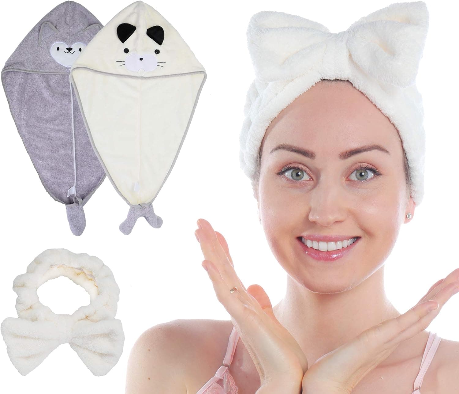 Piklohas Microfiber Hair Towel Wrap for Women, 2 Pack Microfiber Hair Drying Towel with Button, Super Absorbent Quick Dry Hair Towel Wrap Turban, Animal Appearance Hair Towel, with 1 Bow Headbands