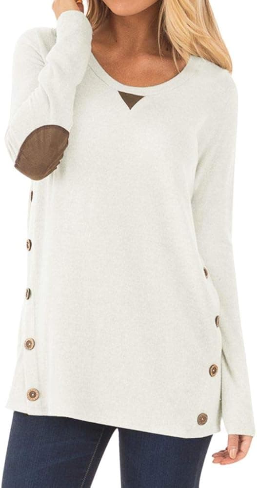 Spadehill Women Long Sleeve Shirt with Faux Suede Elbow Patches and Button