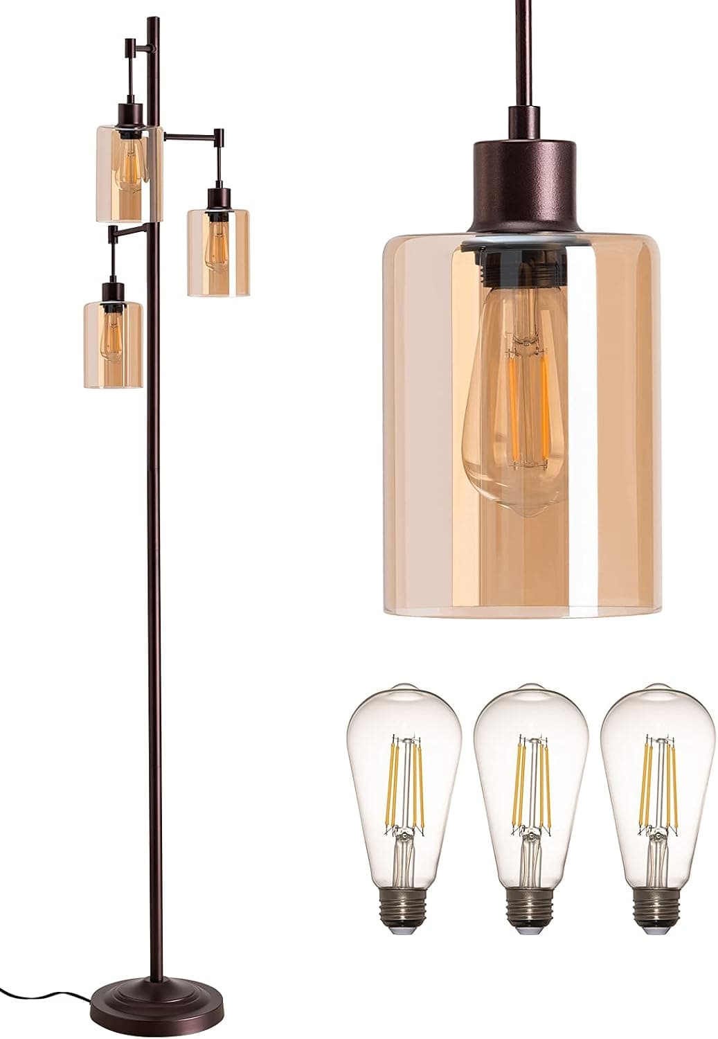 addlon Industrial Floor Lamp, Hanging Amber Glass Shade, 3-Head Vintage Rustic Tree Standing Lamp Brown Pole Tall Light with Three LED Bulbs for Living Room, Office, Bedroom