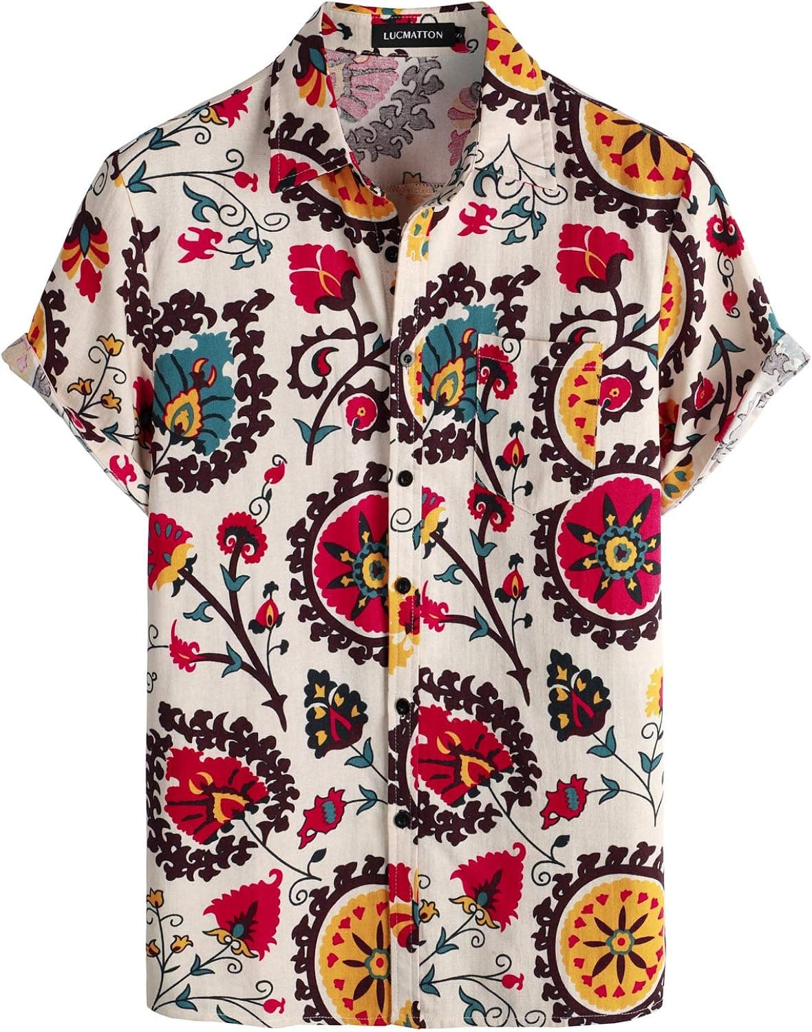 LucMatton Men's Cotton Linen Traditional Pattern Print Short Sleeve Button Down Hawaiian Shirts