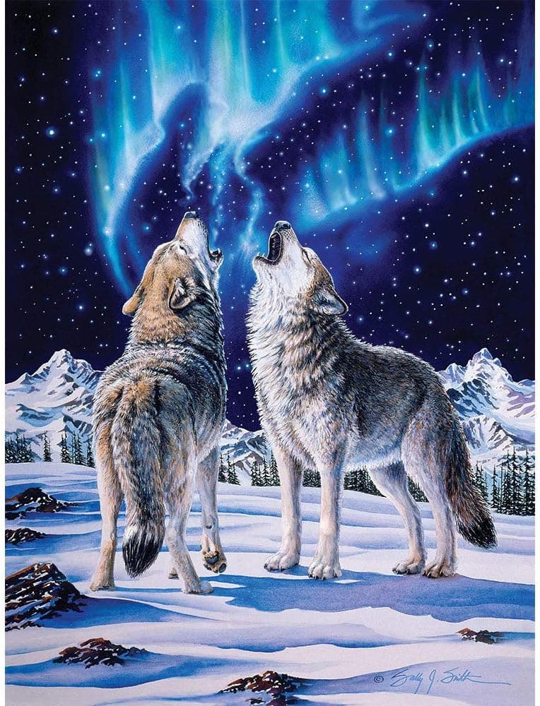 Bits and Pieces - 300 Piece Jigsaw Puzzle for Adults 18" x 24"  - Lifemates - 300 pc Howling Wolves Winter Northern Lights Jigsaw by Artist Sally J. Smith