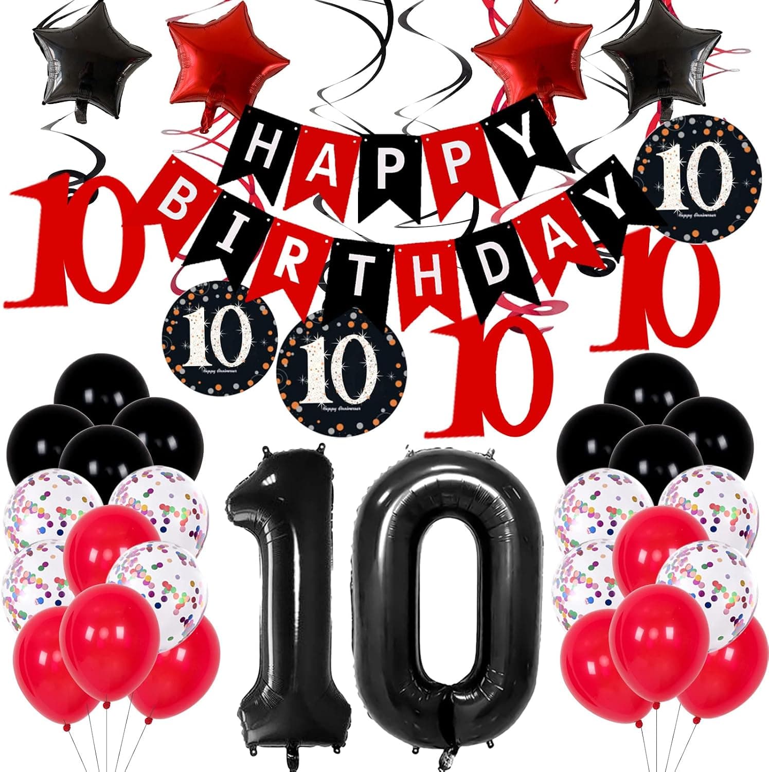 10th Birthday Decorations for Boys Girls, Red Black 10th Birthday Party Supplies for 10 Years Old Kids Bday Decor Tenth Balloons HAPPY BIRTHDAY Banner Number 10 and Confetti Balloons Spiral Pendants