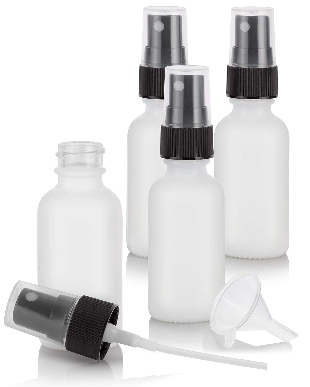 JUVITUS 1 oz / 30 ml White Glass Boston Round Bottle with Black Fine Mist Spray (4 pack) + Funnel
