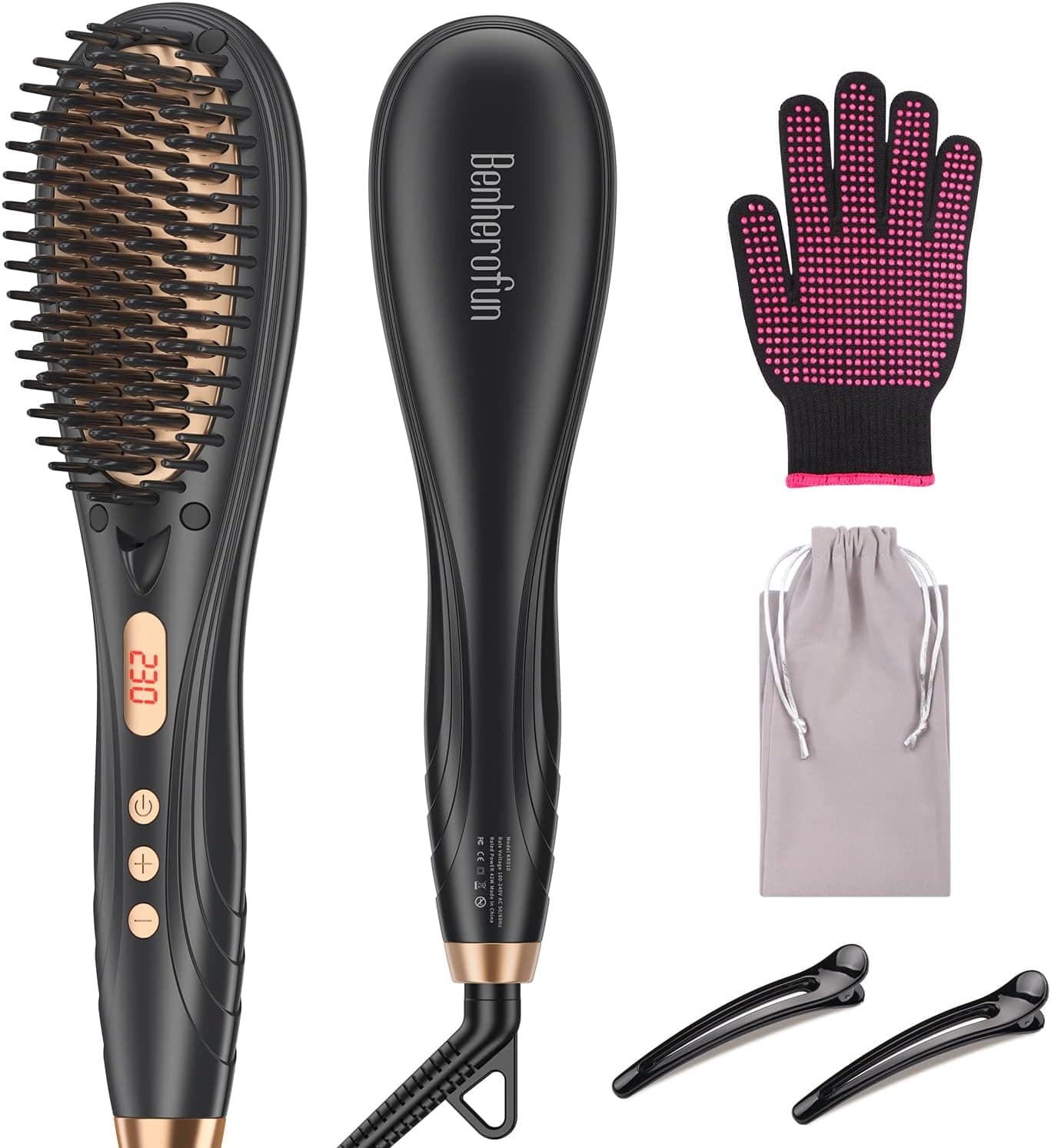 Hair Straightener Brush - Fast Heating Ionic Hair Straightener Comb with 16 Temp Settings, Anti-Scald & Auto-Off Function for Home Salon Help You Create for Frizz-Free Silky Hair (Black)