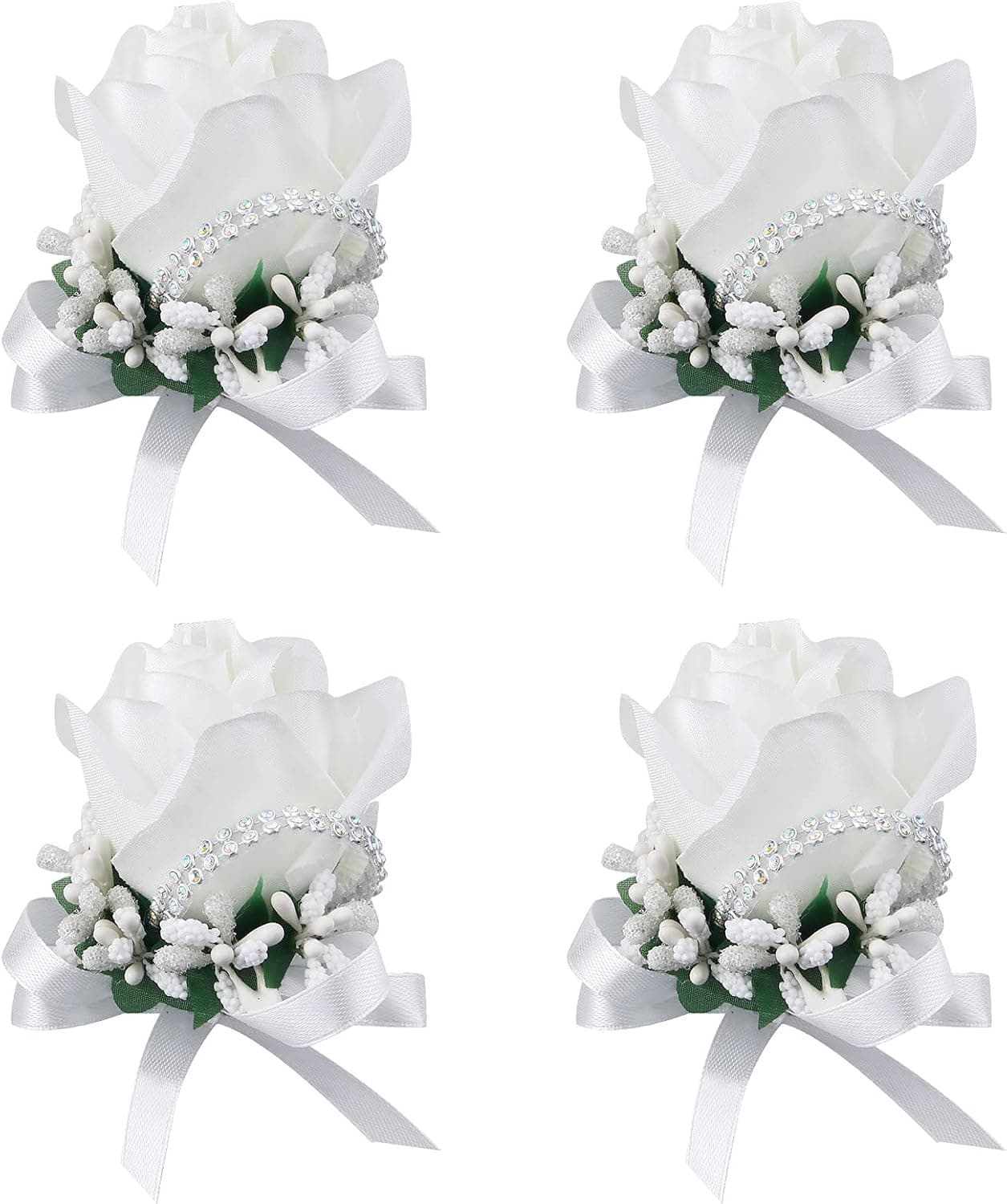 Febou Wrist Corsage 4 Packs Wedding Bridal Wrist Flower Rose Wristband Corsage Flower for Bride Bridesmaid Perfect for Wedding, Prom, Party (4 Packs, Wrist Flower-White)