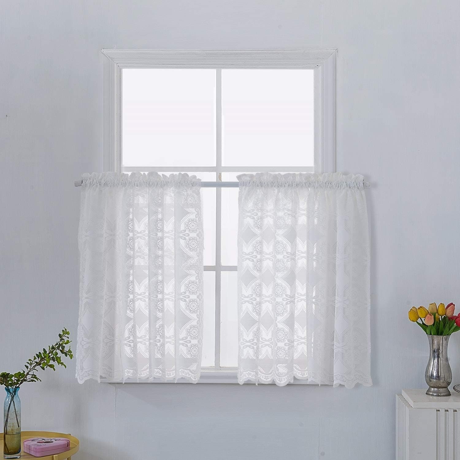 2Pcs Floral Lace Sheer Tiers for Kitchen Café Bathroom Kid’s Room Window, Rod Pocket Short Window Voile Drapes for Small Windows,29"*35",White A