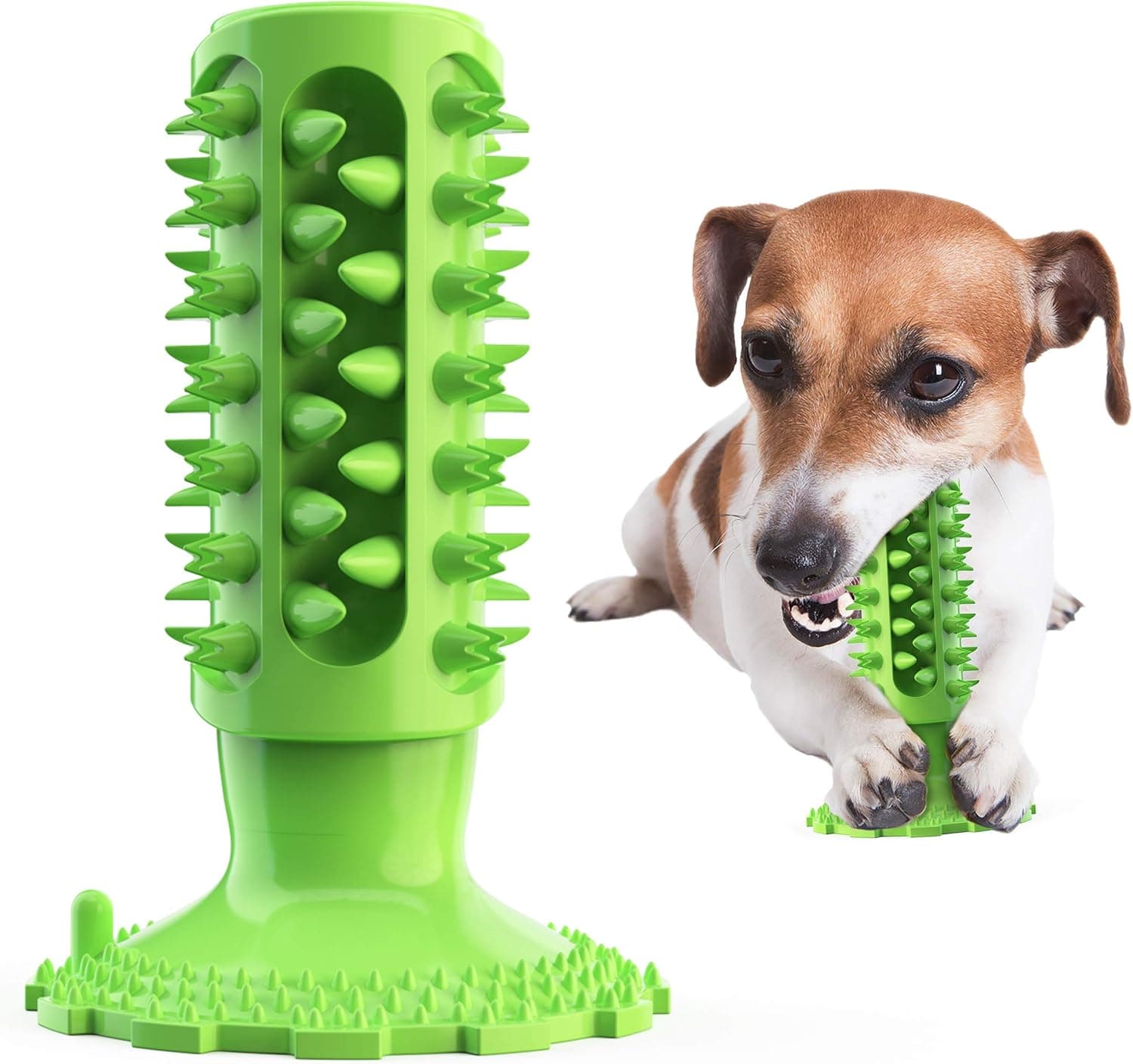 Dafuz Dog Squeaky Chew Toothbrush Toy, Dog Toy for Teeth Cleaning with Rubber Sucker, for Long Lasting Dog Dental Care Chews Natural Rubber(Green)