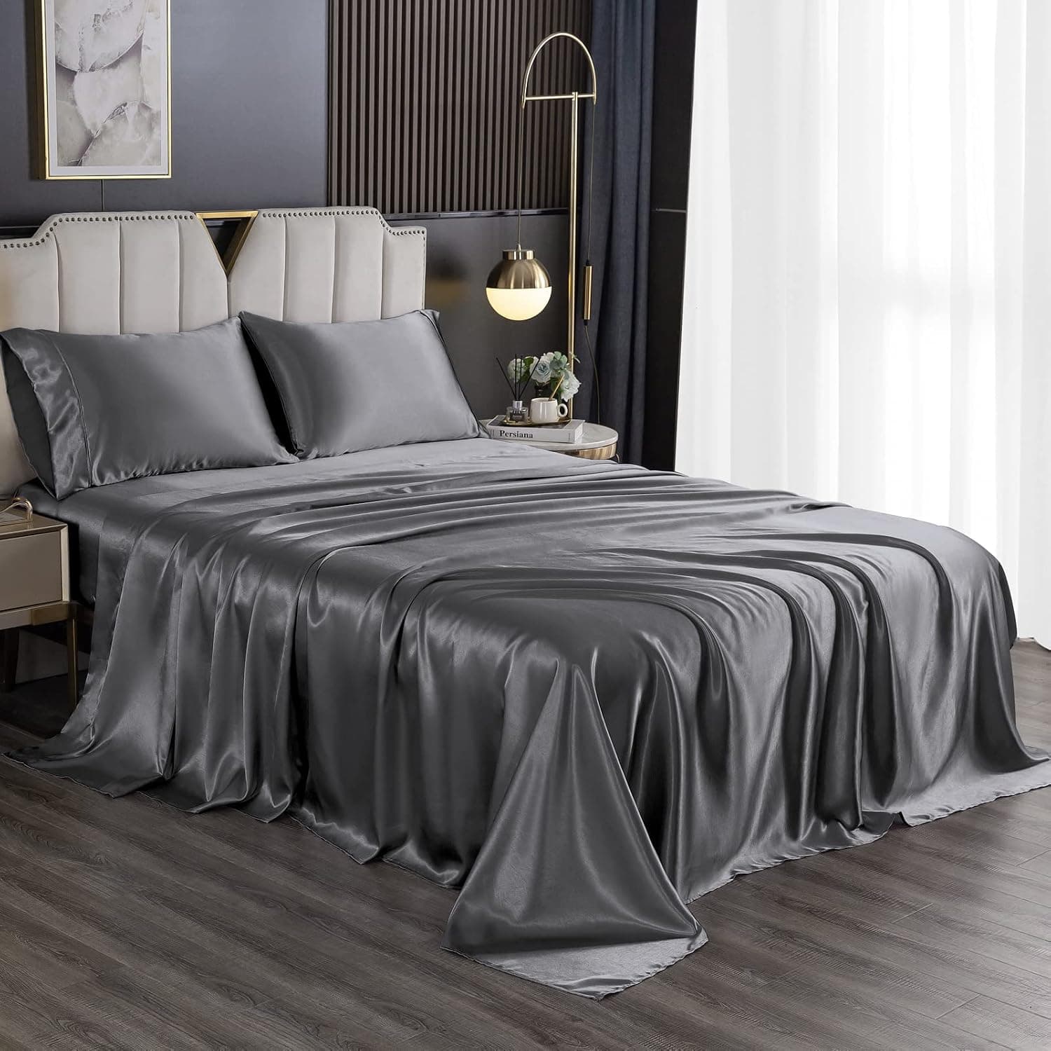 HENGWEI Full Size Satin Sheets - Cooling Sheets Satin Bed Sheets Soft Luxury Satin Sheet, Wrinkle-Free, Stain Resistant Satin Sheet Set with 1 Deep Pocket Fitted Sheet, Dark Gray 4 Pcs