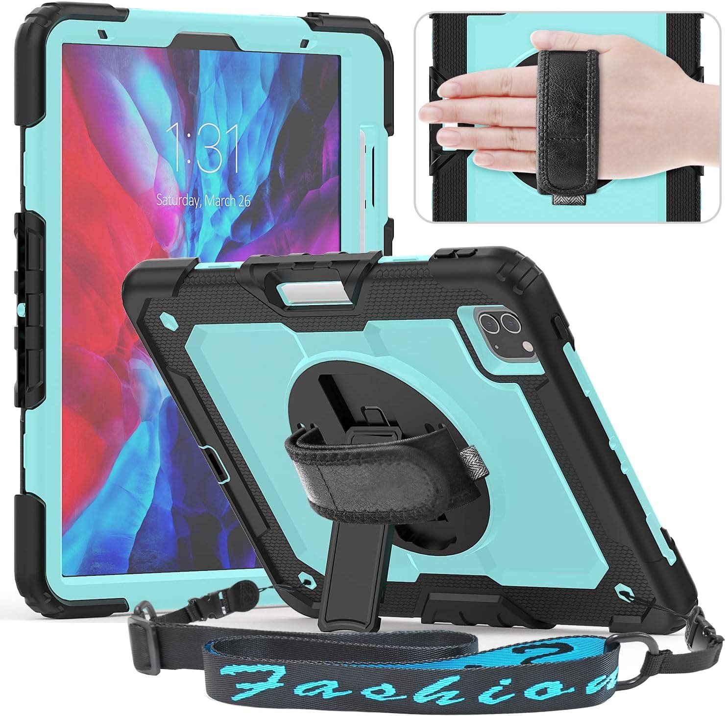 Timecity Case for iPad Pro 11 -inch (2018 & 2020), with Screen Protector Pencil Holder Rotating Kickstand Hand/Shoulder Strap.Rugged Protective Tablet Cover for iPad Pro 11 inch - Light Blue