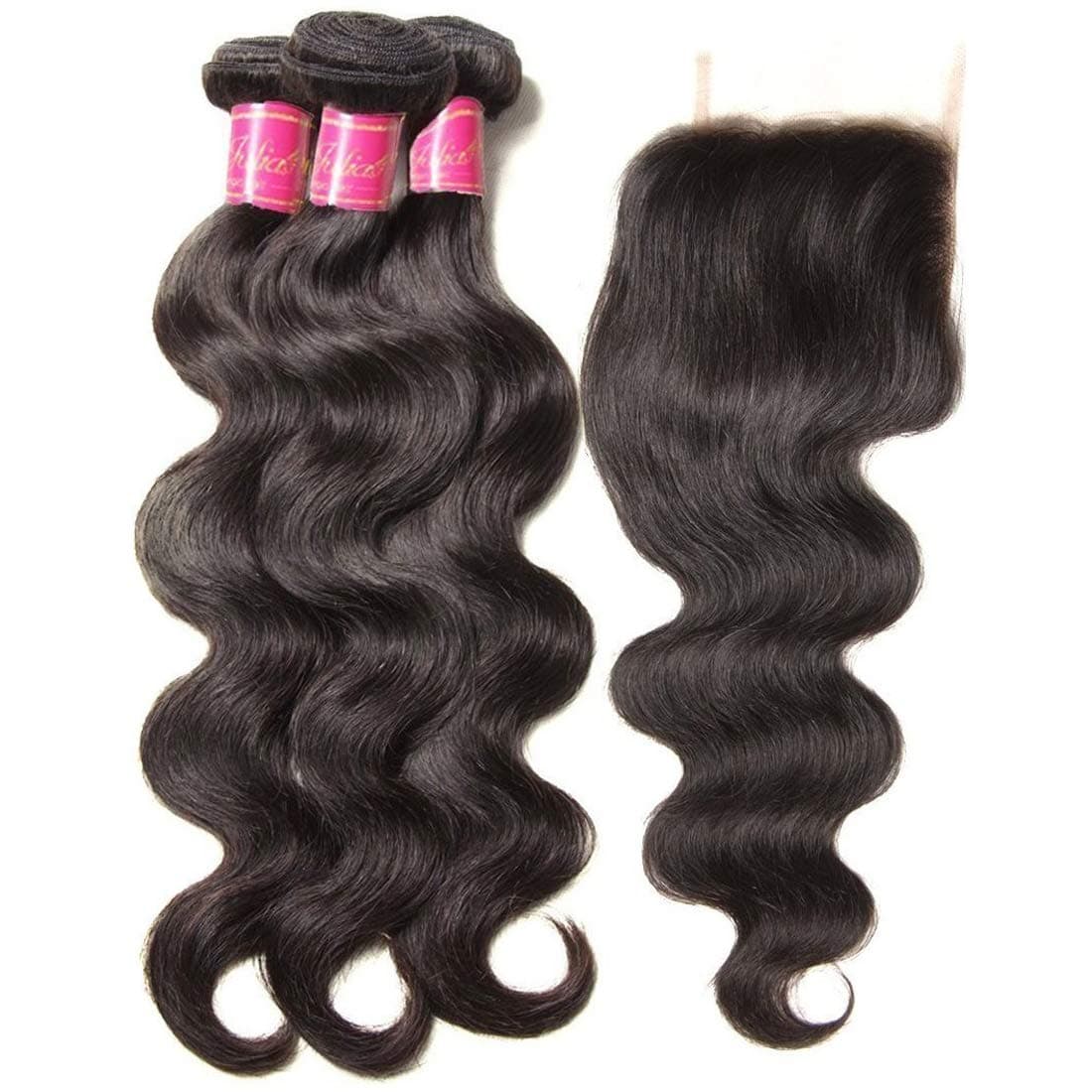 ALI JULIA 16 18 20+10 Inch Brazilian Body Wave Hair 3 Bundles with 1PC 4x4 Free Part Lace Closure 100% Unprocessed Human Hair Weave Extensions Natural Color