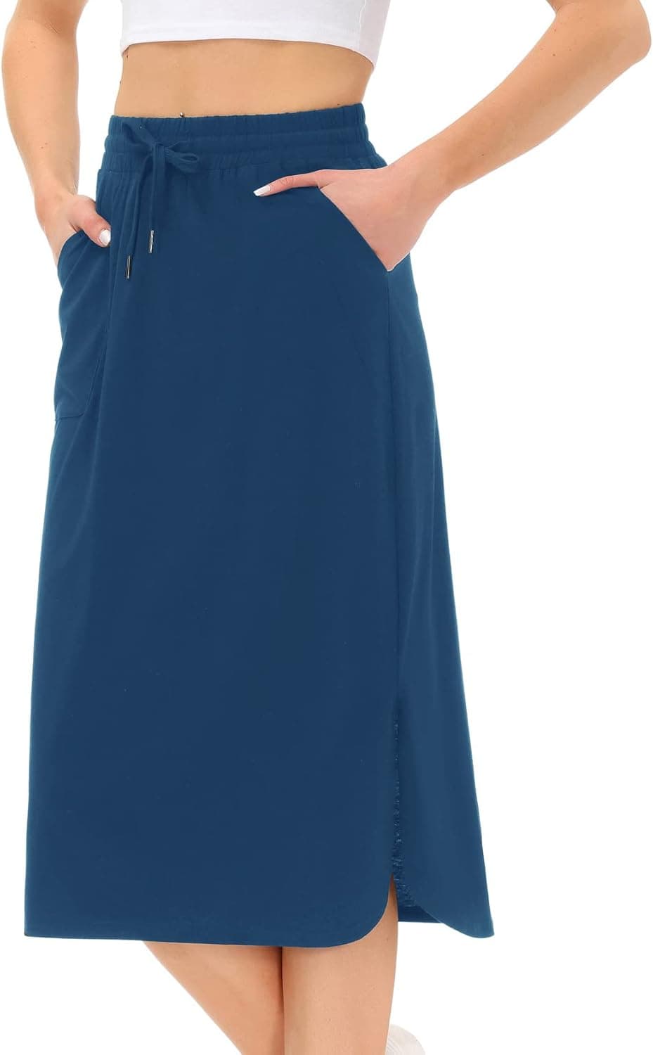 KANCY KOLE Women's Casual Midi Skirt High Waist Drawstring Skirts Knee Length with Pocket
