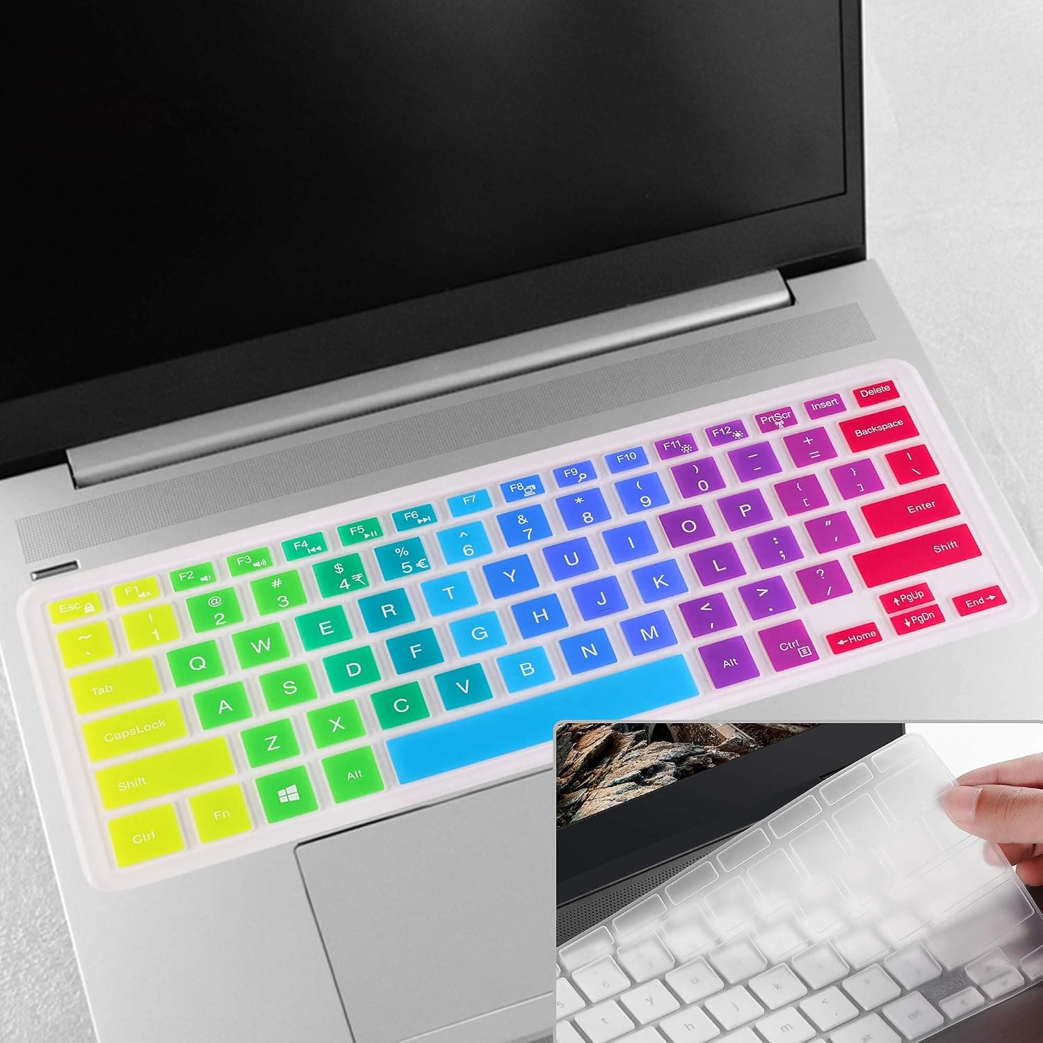 [2 Pcs] Lapogy Keyboard Cover Skin for Dell 2019 Inspiron 14 inch 5000 Series 5482/5481(2 in 1),i5379 i5482 i5481 i5485,Dell Inspiron 14 Accessories,Silicone Keyboard Protector Skin(Rainbow+Clear)