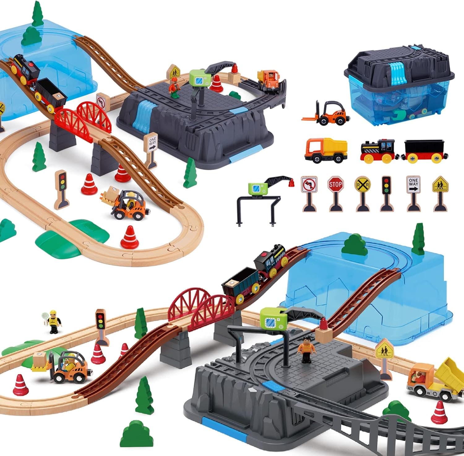 TOOKYLAND Wooden Train Track Set with Dual-use Storage Box，with Wooden Train Sets for Boys Fits Thomas, Brio, Chuggington, Melissa and Doug