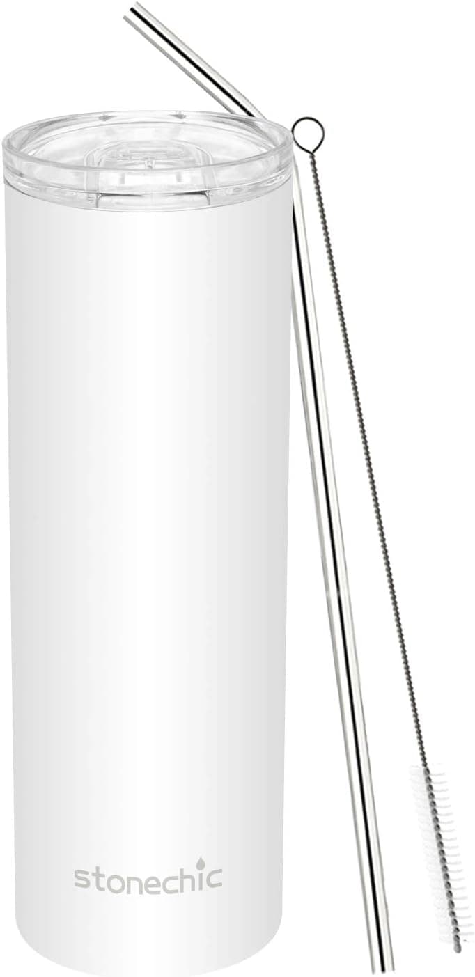Classic Stainless Steel Skinny Tumbler 20oz - Vacuum Insulated Tumbler Cup Double Walled Travel Mug with Lids, Straw, Brush | Vinyl DIY Gifts (White, 20oz-1 Pack)