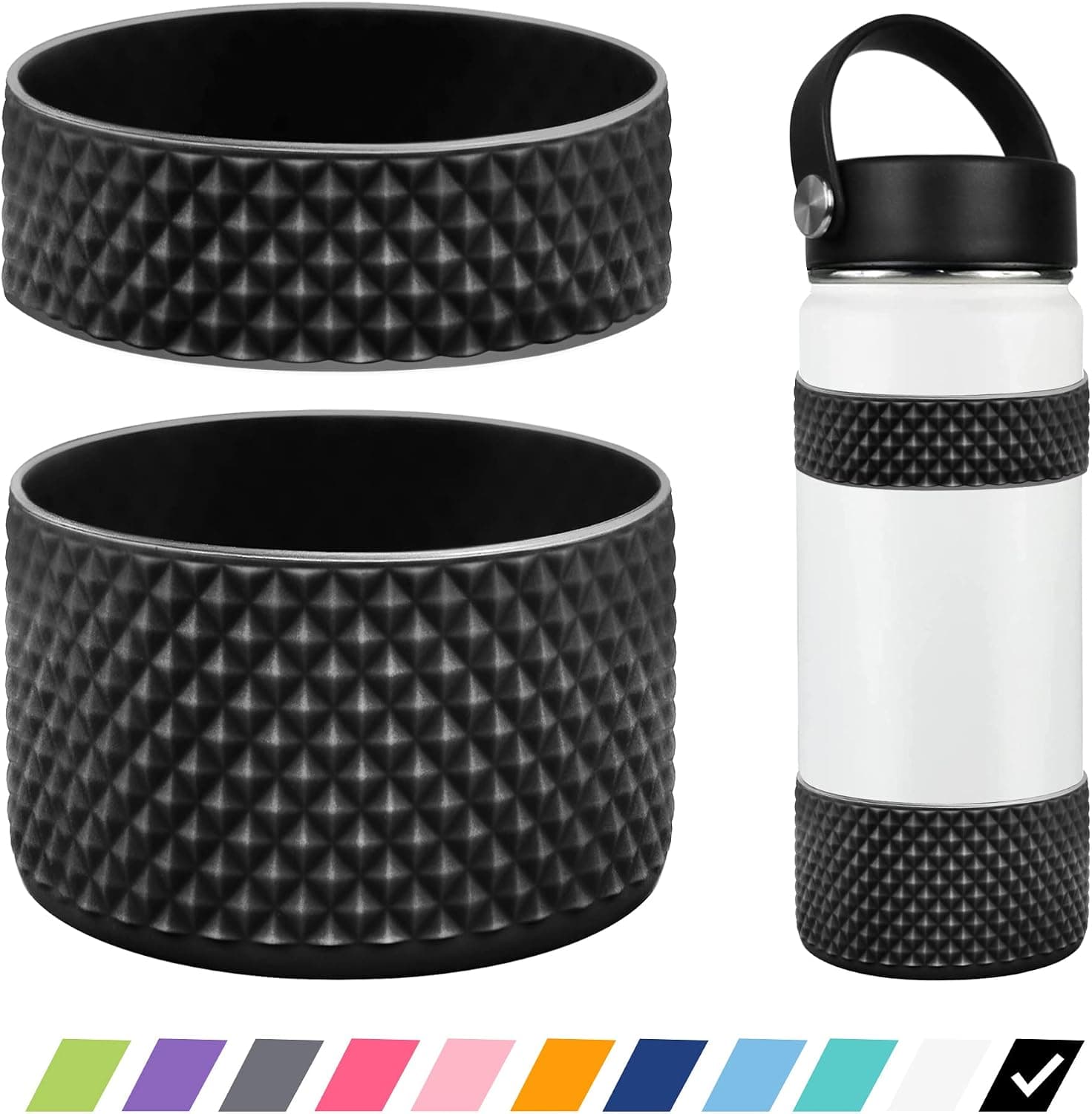 VIKIZUES Water Bottle Boot and Band, Compatible with Hydroflask,Stanley and Others, Diamond Texture Silicone Bottom Sleeve Cover, Dent Proof and Scratch Proof, 12-40 oz