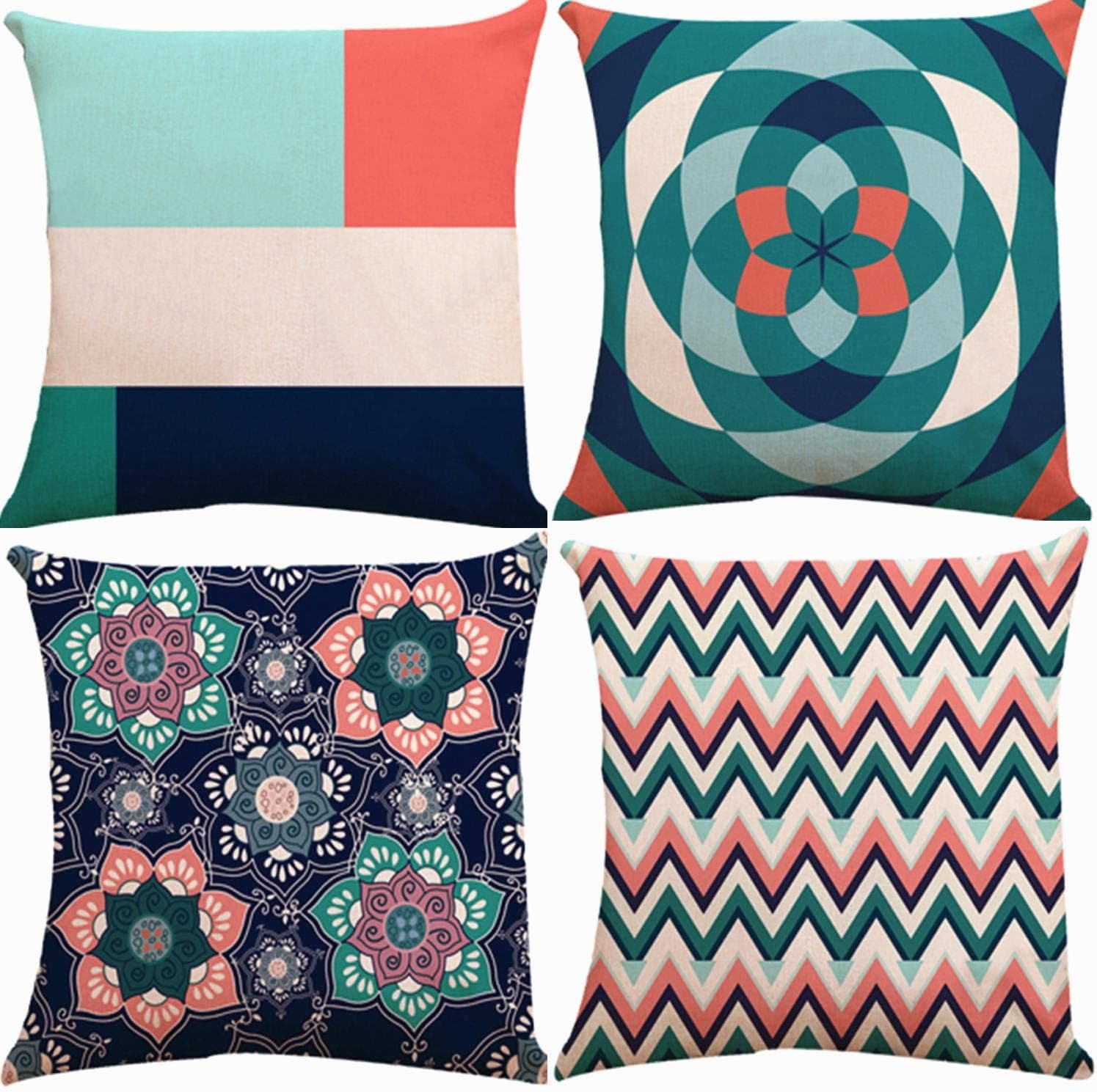 ZUEXT Geometric Throw Pillow Covers 18x18 Inch Double Side Design, Set of 4 Cotton Linen Indoor Outdoor Modern Pillow Case Cushion Cover for Car Sofa Home Decor(Navy Aqua Coral Teal,Mix and Match)