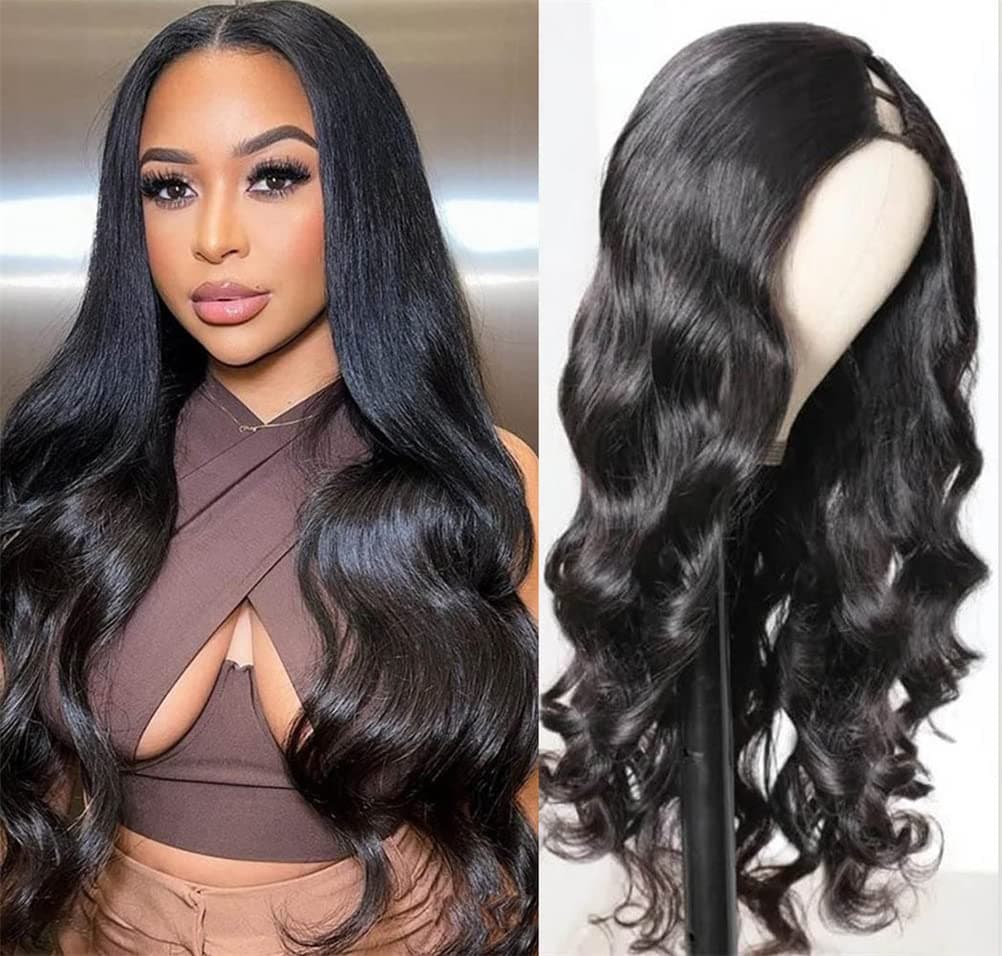 Alexa V Part Wig Human Hair Body Wave Upgrade U Part Human Hair Wigs for Black Women No Leave Out Thin Part Human Hair Wig Beginner Friendly No Sew in No Glue V Part Wig 150% Density Natural Color 22 Inch