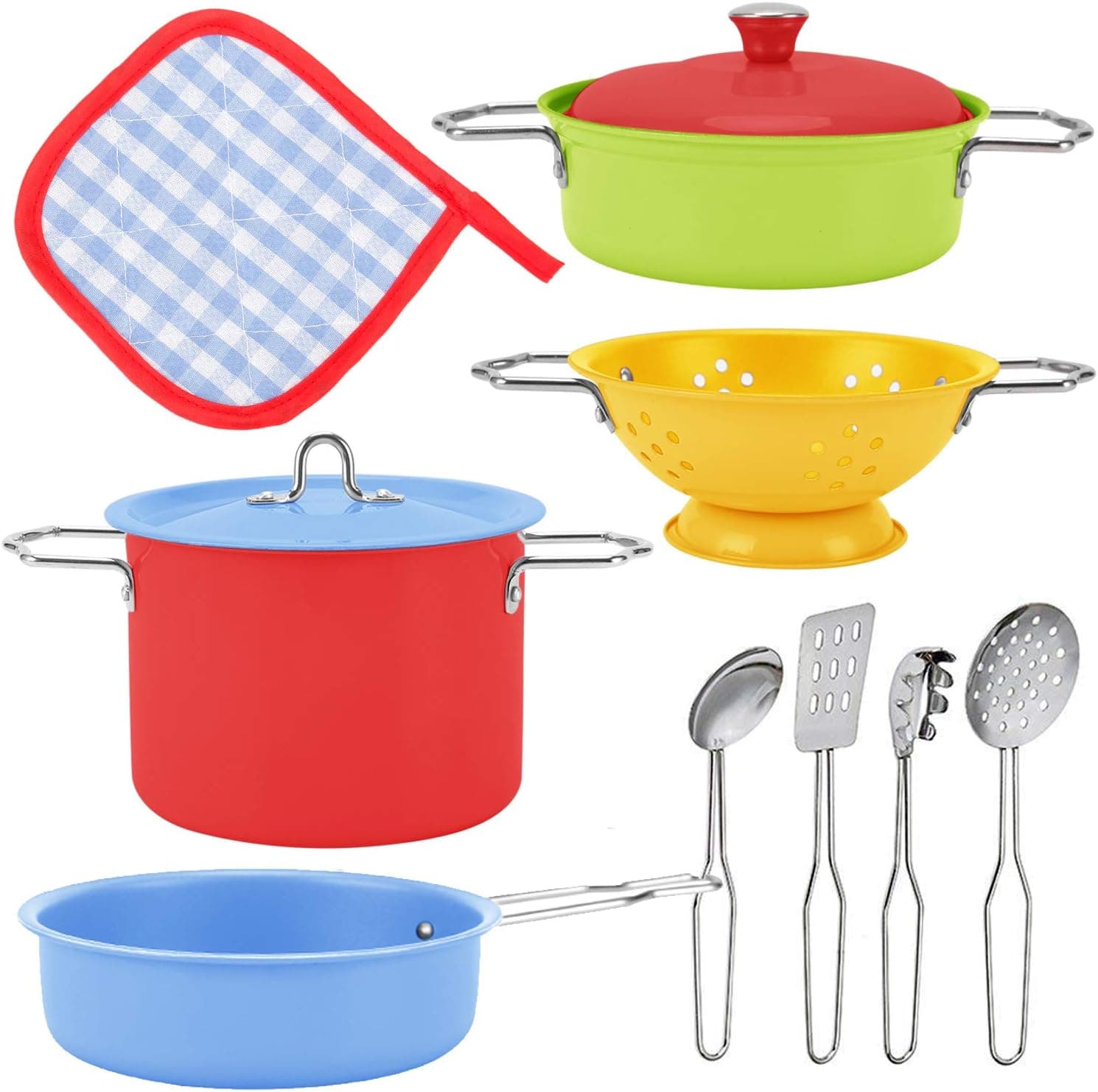 Liberty Imports Kids Play Kitchen Toys Pretend Cooking Multicolor Stainless Steel Pots and Pans Metal Kitchen Set with Utensils (11 Pieces)