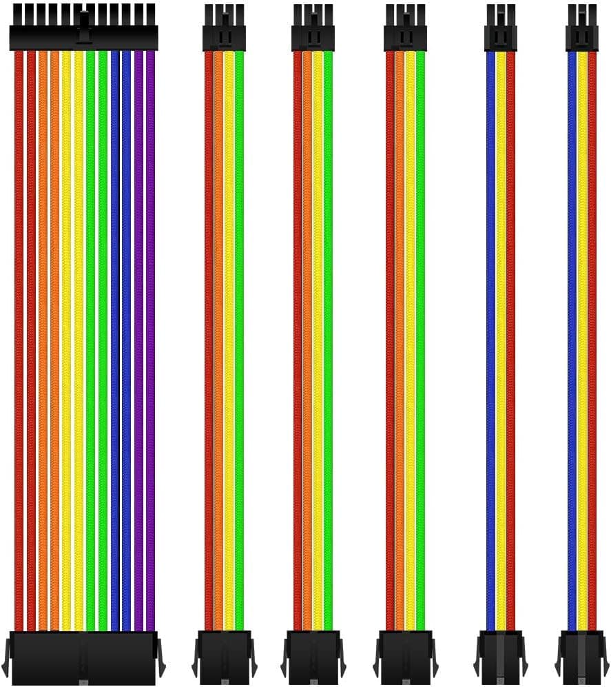 Qingsea 18AWG Power Supply Cable Kit 30cm mod Sleeve Extension Sleeved Custom mod for PSU to Motherboard PC Power Supply Cable (Rainbow)
