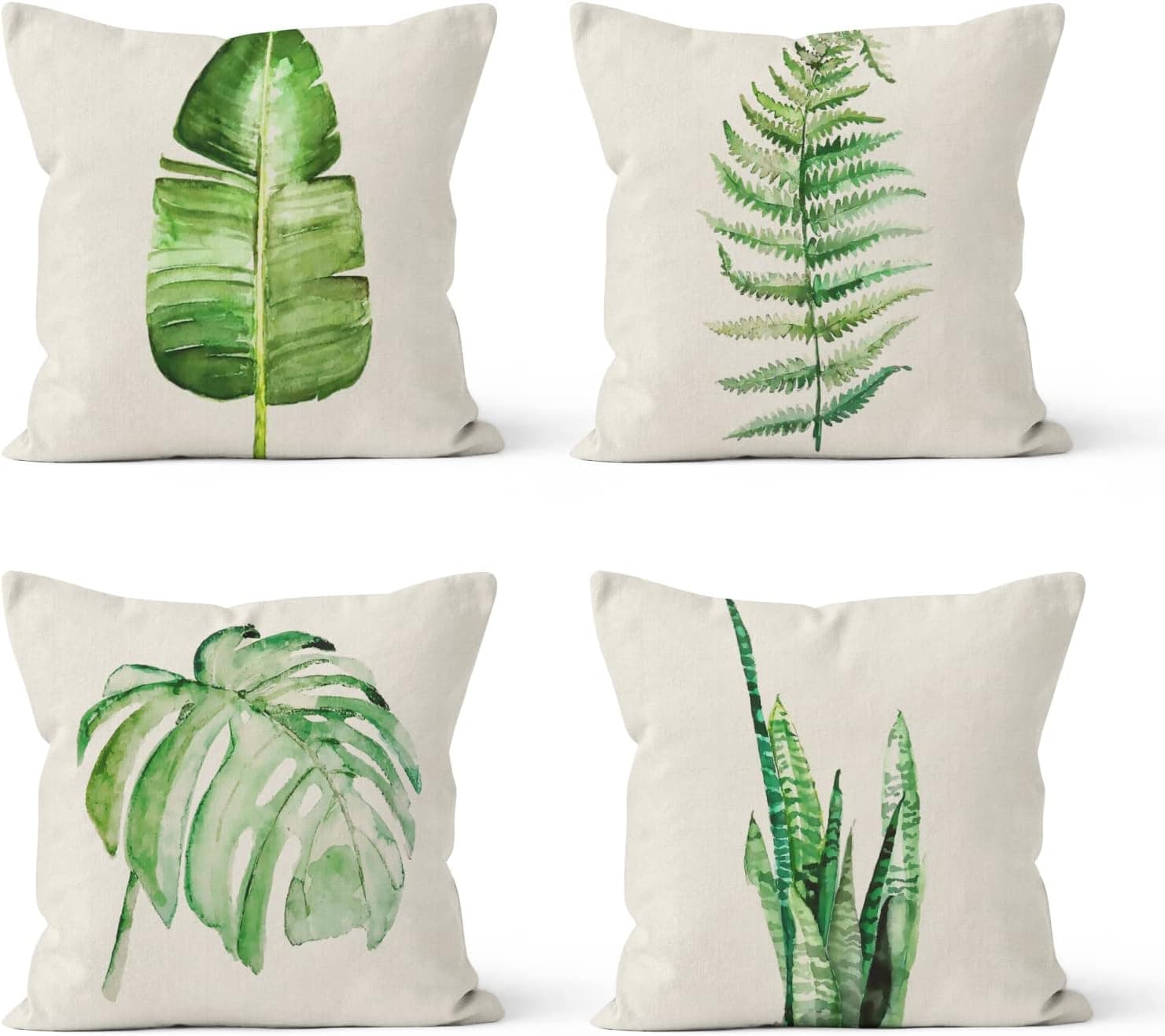 Summer Throw Pillow Covers 18 x 18 Pack of 4，Summer Green Pillows Spring Decorative Linen Cushion Covers for Livingroom, Farmhouse Outdoor Modern Pillow Cases for Sofa Couch Chair Bed