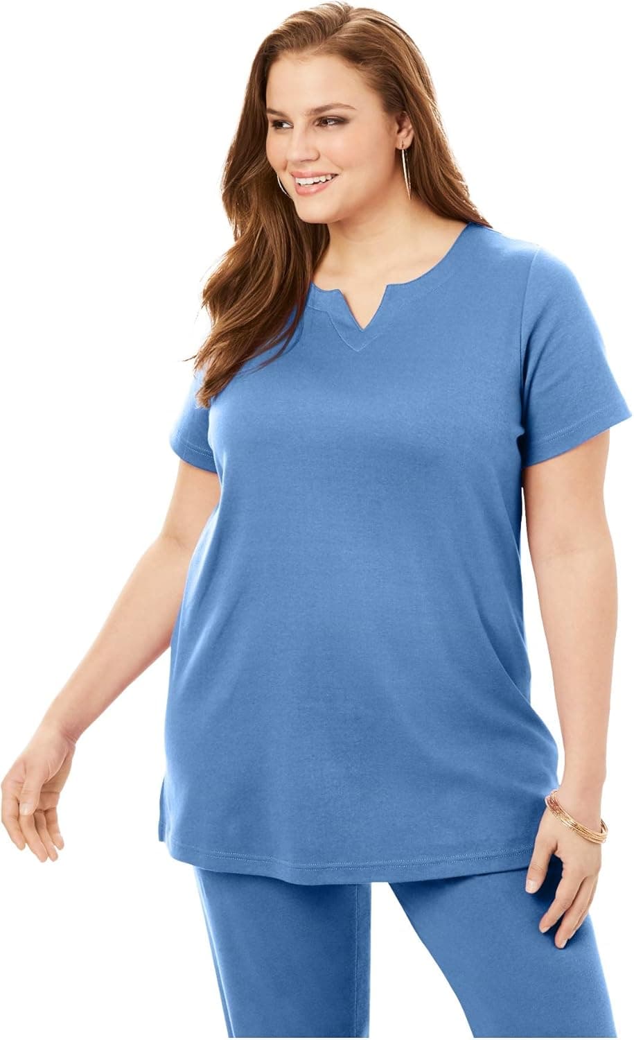 Roaman's Women's Plus Size Notch-Neck Soft Knit Tunic Short Sleeve T-Shirt - 4X, Horizon Blue