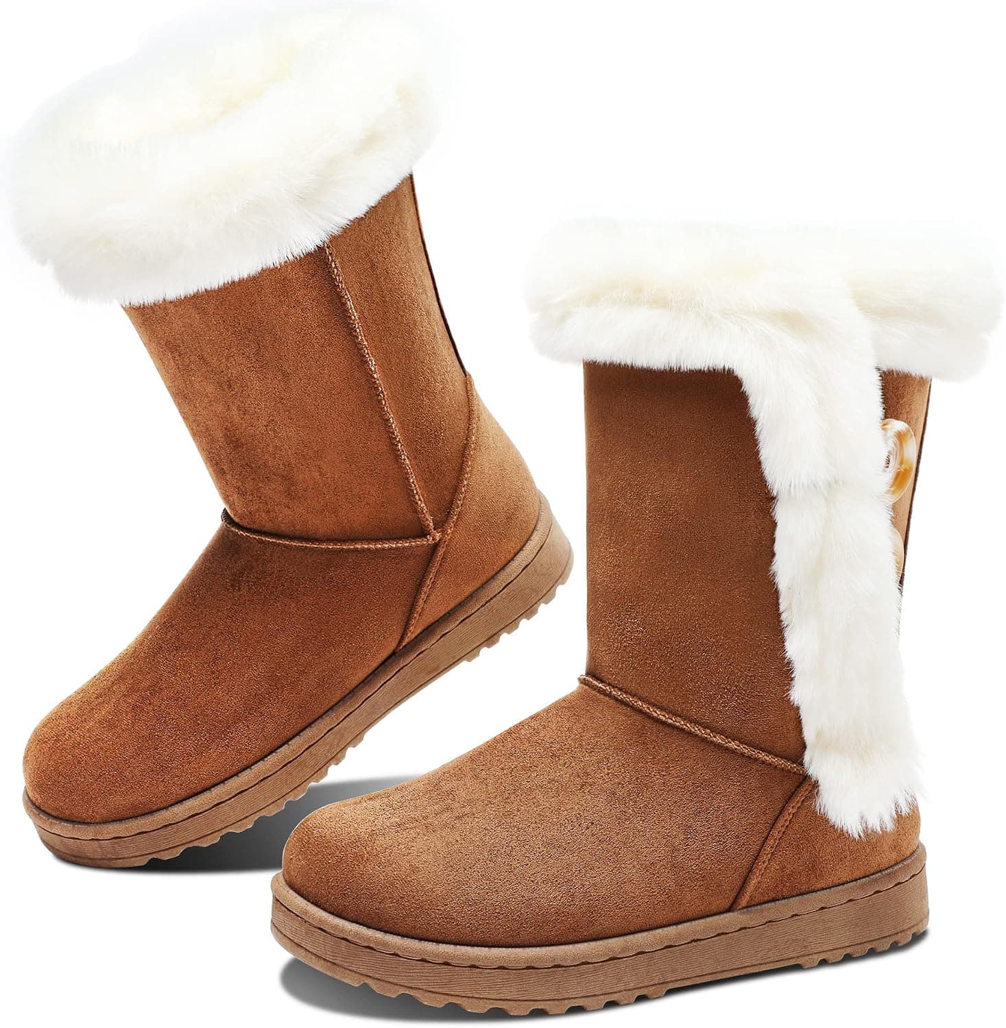 Obtaom Women’s Winter Snow Boots Fur Lined Short Mid Calf Fashion Boot Art Resin Button Faux Suede Boots