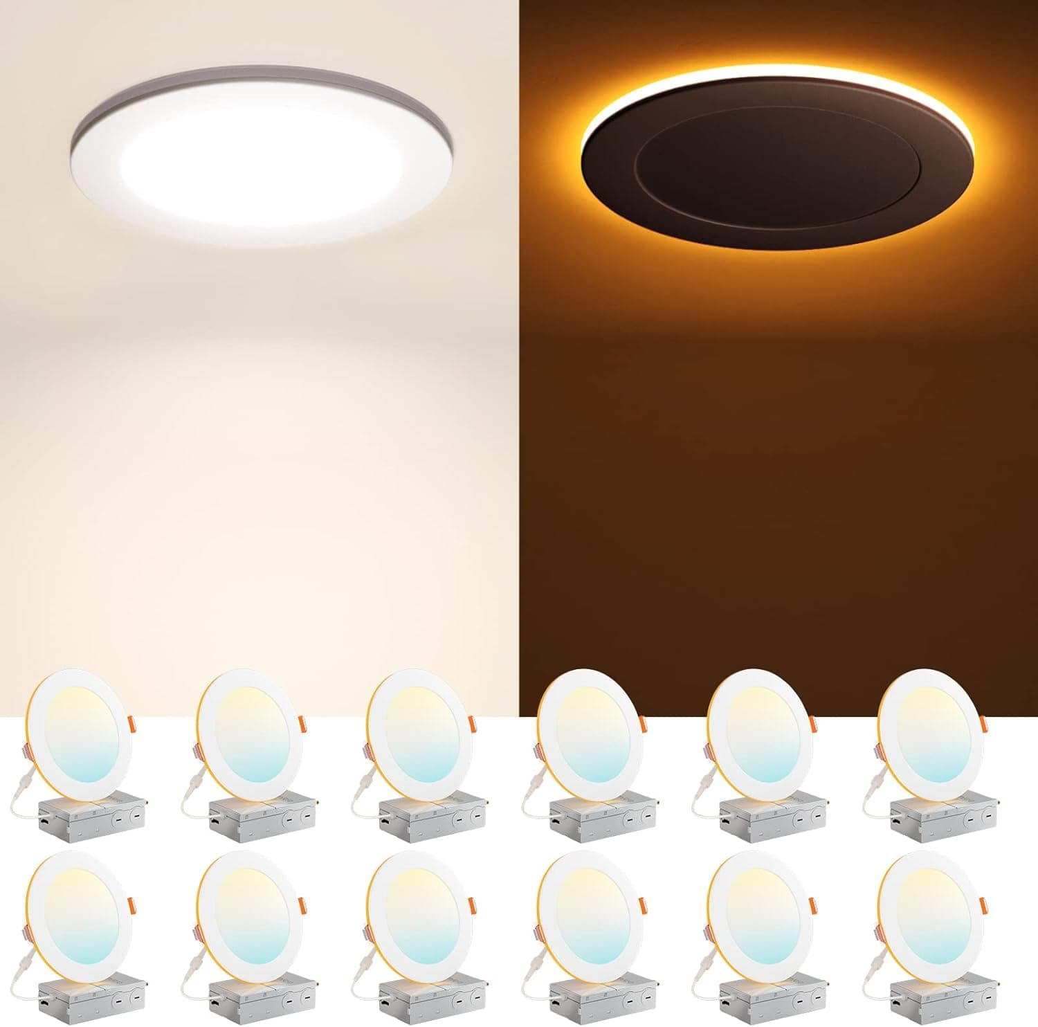 Amico 12 Pack 6 Inch 5CCT LED Recessed Ceiling Light with Night Light, 2700K/3000K/3500K/4000K/5000K Selectable Ultra-Thin Recessed Lighting, 12W=110W, 1100LM, Dimmable Canless Wafer Downlight ETL&FCC