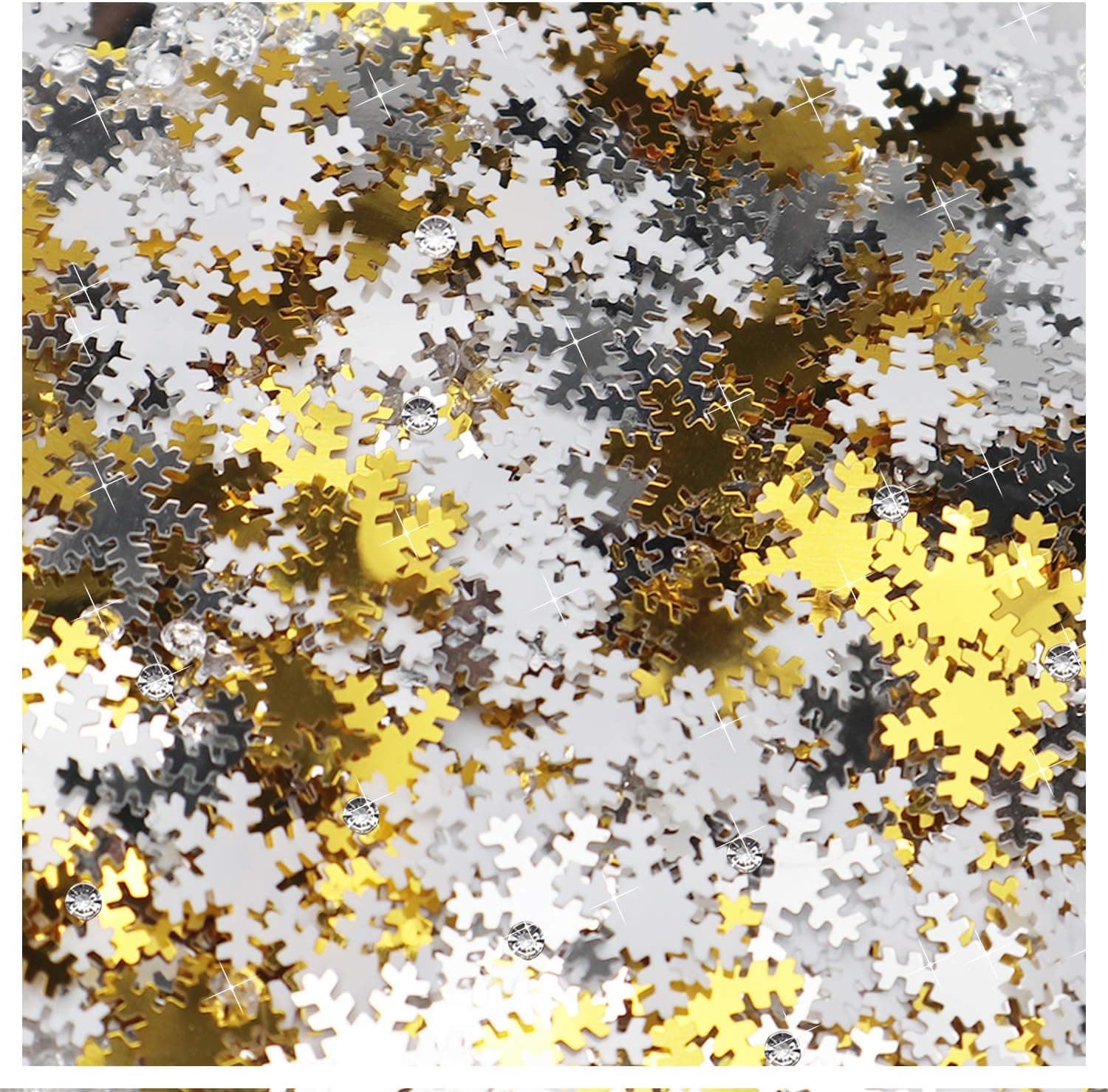 Leesgel 3 Colors Confetti for Packaging, Christmas Snowflake Confetti Glitter, Table Party Confetti Snowflakes for Crafts Christmas Table Party Snowflake Decorations (1000pcs Includes Fake Diamonds)