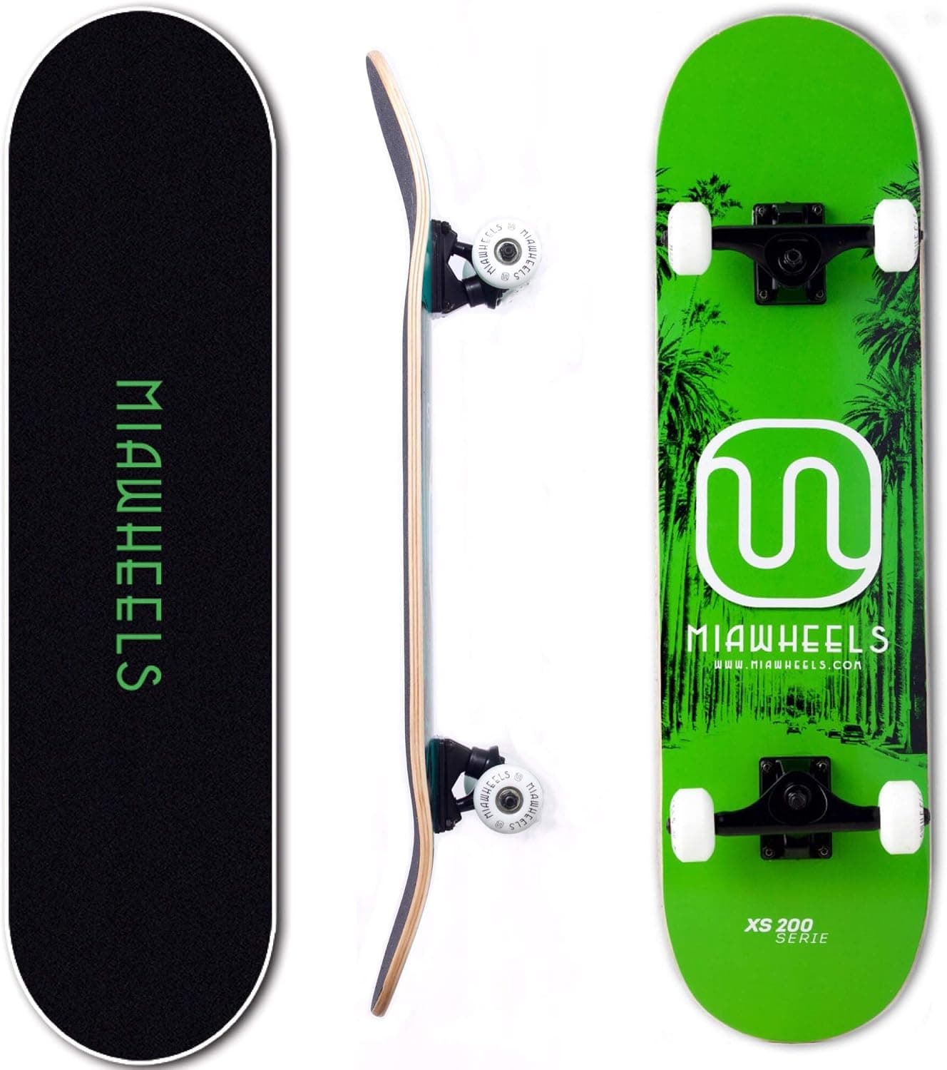 MIAWHEELS XS200 (Green/Black) - Xtreme Sport Skateboard- Handmade -100% 7PLY Canadian Maple - Deck 31x8inch- 54x32 PU Wheels-