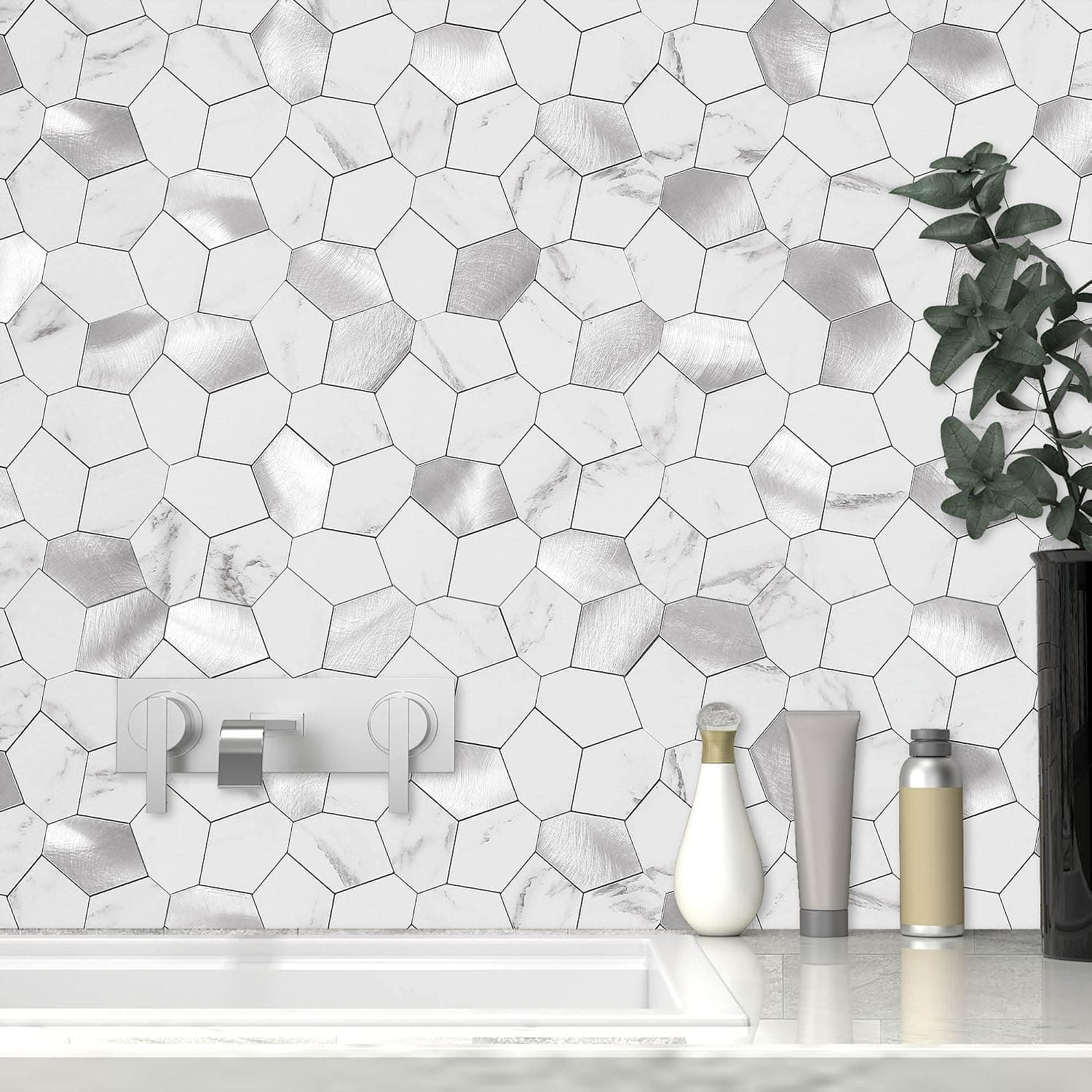 VAOVI Peel and Stick Tile Backsplash,Peel and Stick Pebble Rock Tiles Stickers Adhesive Backsplash Tiles for Kitchen Bathroom Wall(10sheets,White)
