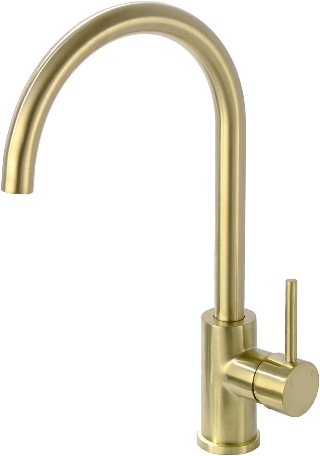 Solid Brass Kitchen Faucet Single Handle 1 Hole 360-Degree Swivel Gooseneck Bar Sink Mixer Tap, Brushed Gold