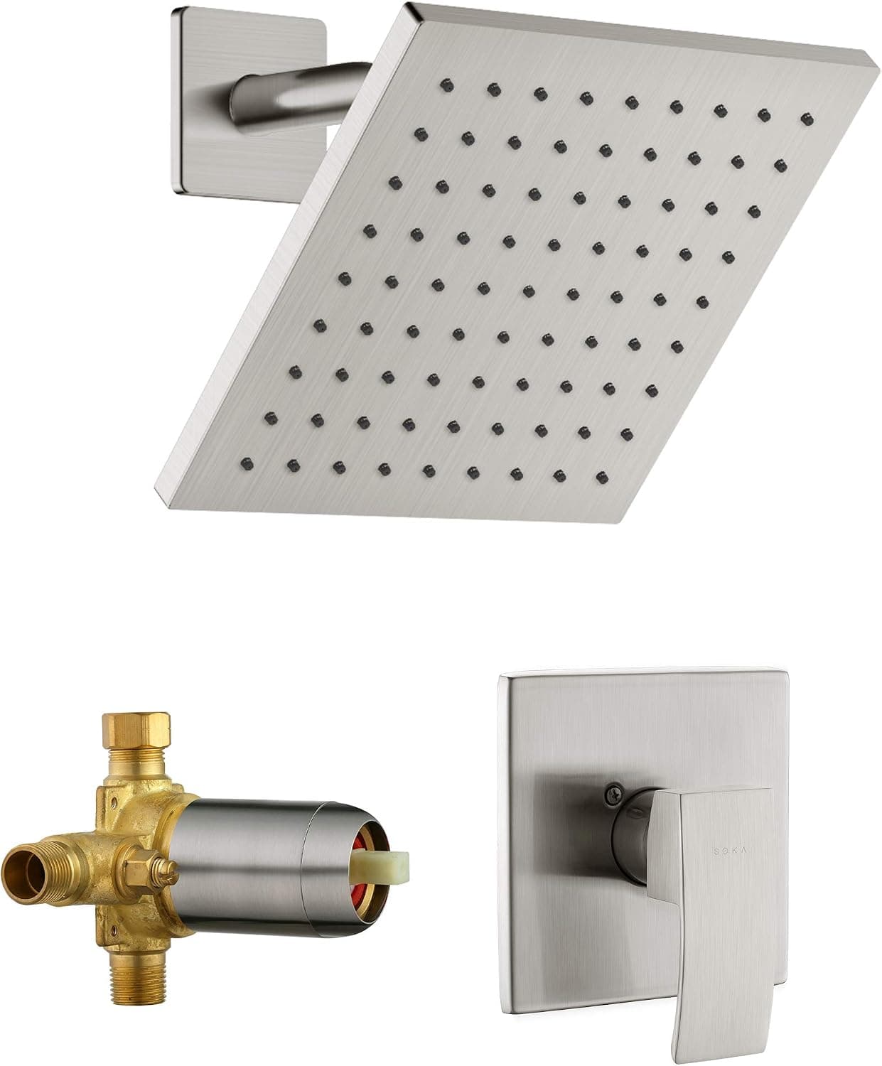 SOKA Shower Faucet Set with 8 Inch Rainfall Shower Head Bathroom Rainfall Shower System Single Function Shower Trim Kit with Rough-In Valve Pressure Balance Square Shower Head Brushed Nickel
