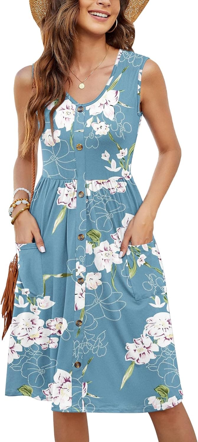 MOLERANI Women Summer Dresses Sleeveless Casual Loose Swing Button Down Midi Dress with Pockets