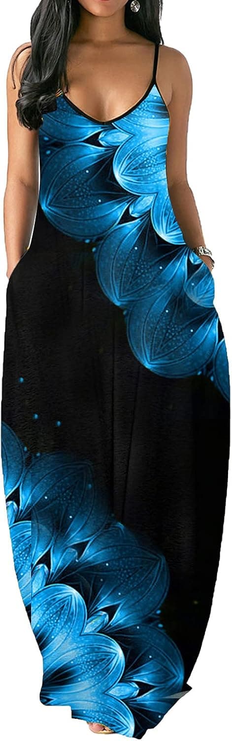 LaiyiVic Sunflower Maxi Dresses for Women Casual Summer Floral Print Loose Long Floor Length Sleeveless Sundresses Plus Size XXL