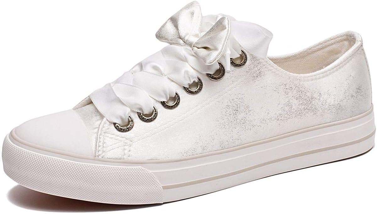ZGR Womens Fashion Sneakers Shinny Canvas Shoes Casual Wear (US7, White)