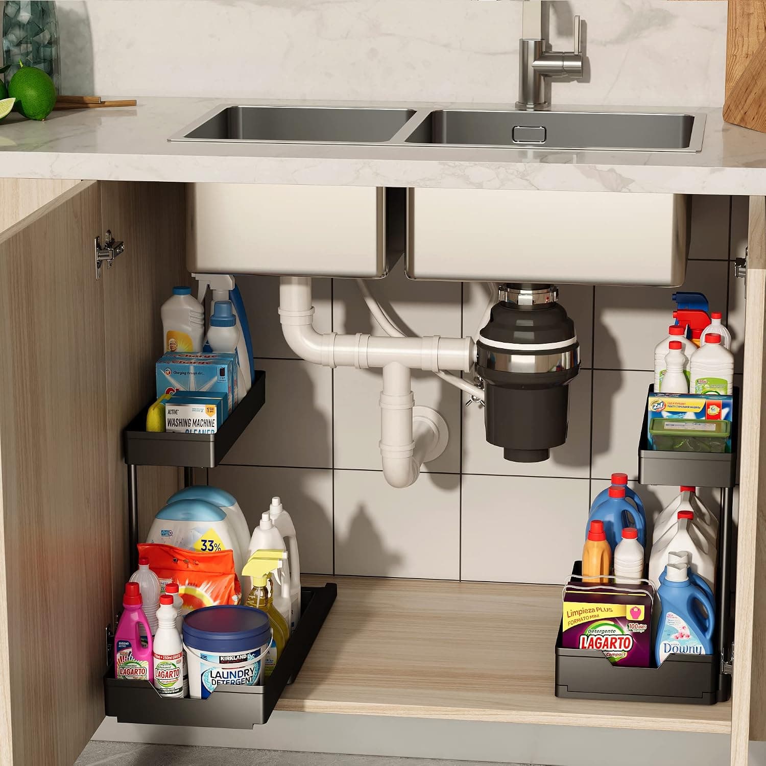 Under Sink Organizers and Storage 2 Packs, 2 Tier Pull Out Cabinet Organizer L-shaped, Sliding Under Bathroom Kitchen Sink Shelf, Multi-Purpose Organization and Storage for Bathroom Kitchen Pantry
