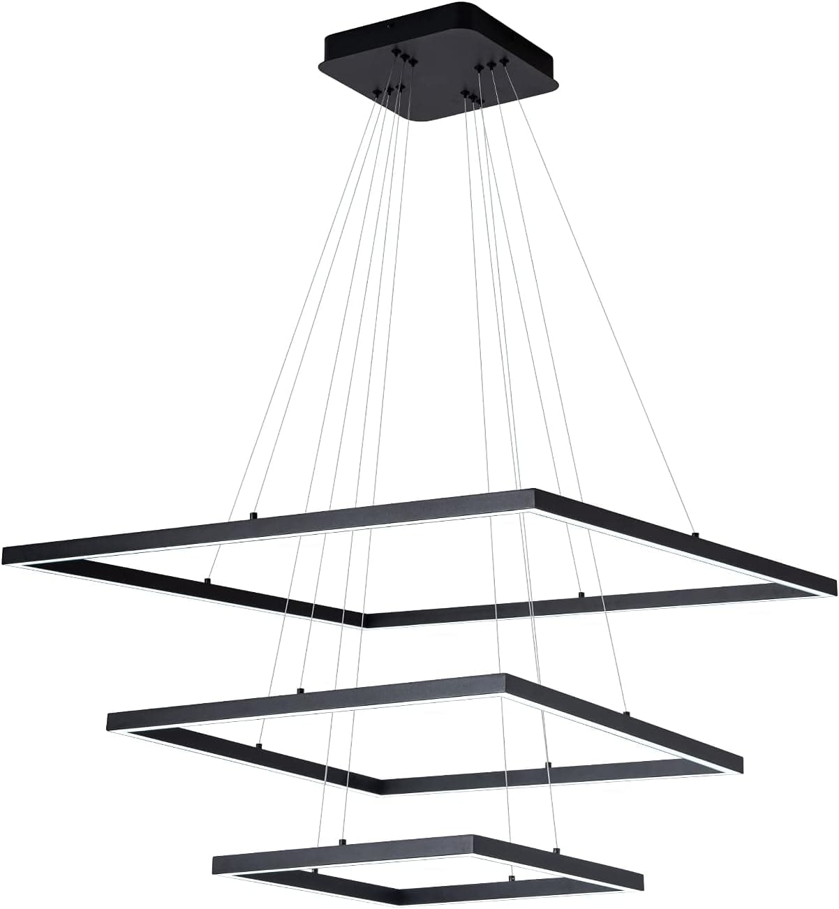 MADEM Modern Square LED Pendant 3 Ring Chandeliers Dimmable Pedant Light Adjustable Pendant Ceiling Light Fixture for Living Dining Room,Bedroom, 6000K Cool White, 130W Black