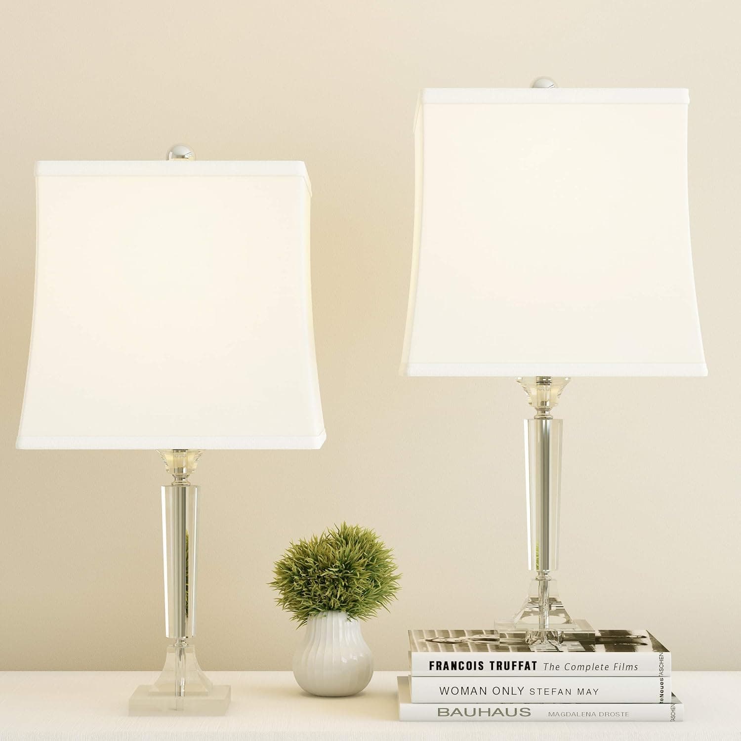 Lavish Home Crystal Candlestick Square Shades-Set of 2 Faceted Shiny-Matching Table Lamps-Elegant, Modern Accent Lights-Home Décor, (L) 11”x (W) 11”x (H) 24.5”, Ivory
