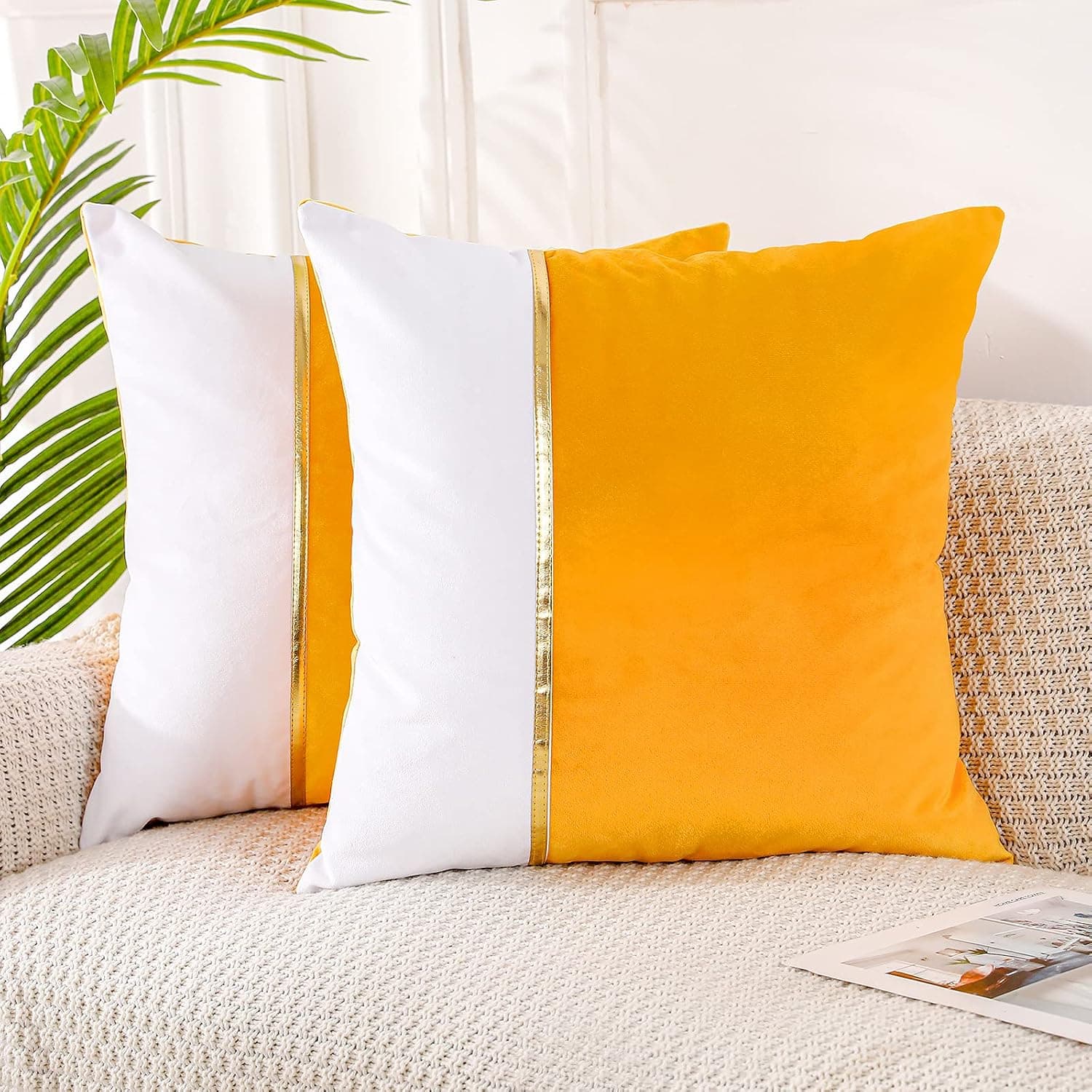 Pack of 2 Yellow Patchwork Velvet Throw Pillow Cover with Gold Striped Leather Modern Luxury Square Cushion Case Pillowcase for Sofa Couch Bedroom Living Room Home 20x20 inch