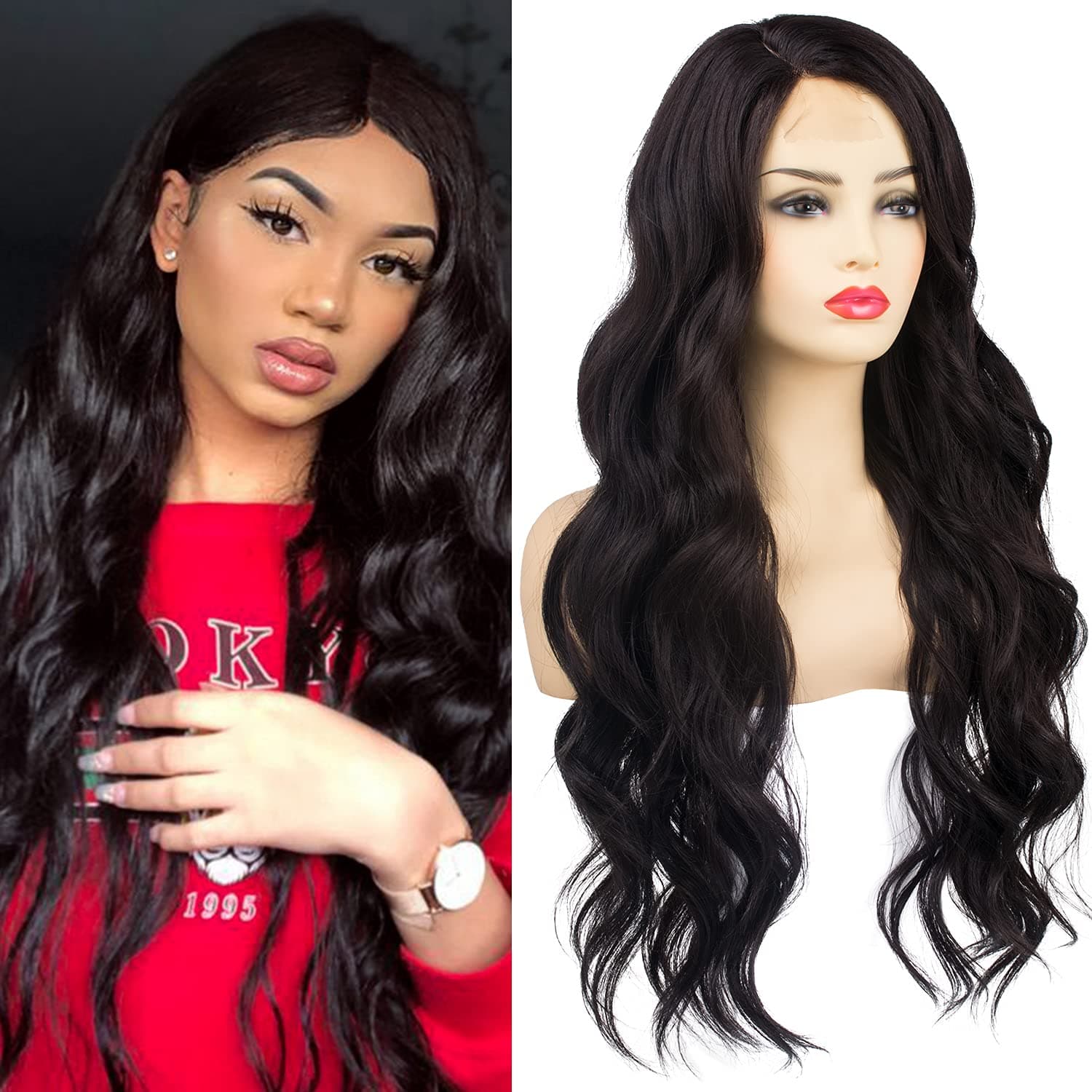 TOFAFA Dark Brown Wig Simulated Lace Scalp Side Part Long Wavy Natural Looking Heat Resistant Synthetic Wigs for Women Daily Cosplay 28 inch