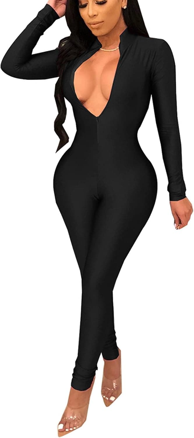 ECHOINE Women's Sexy Zip Up One Piece Outfits Deep V-Neck Long Sleeve Bodycon Long Pants Party Clubwear Jumpsuit Romper