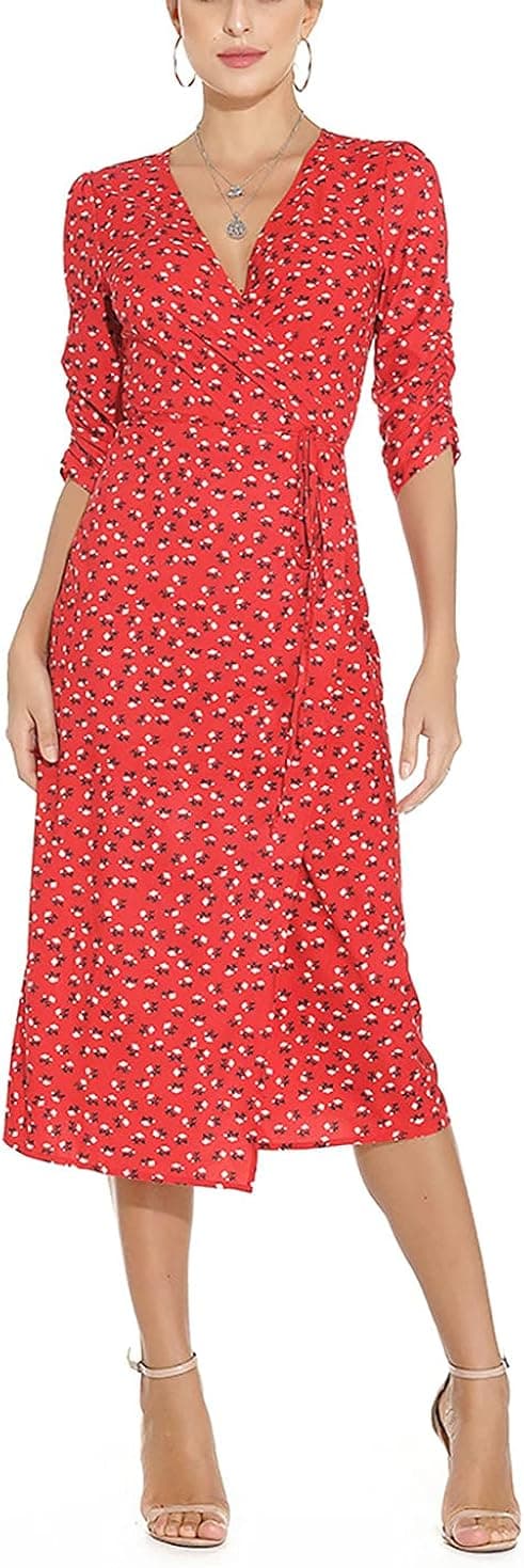 Women's Elegant V-Neck Floral Half Sleeve Tie Dress Commuter Banquet