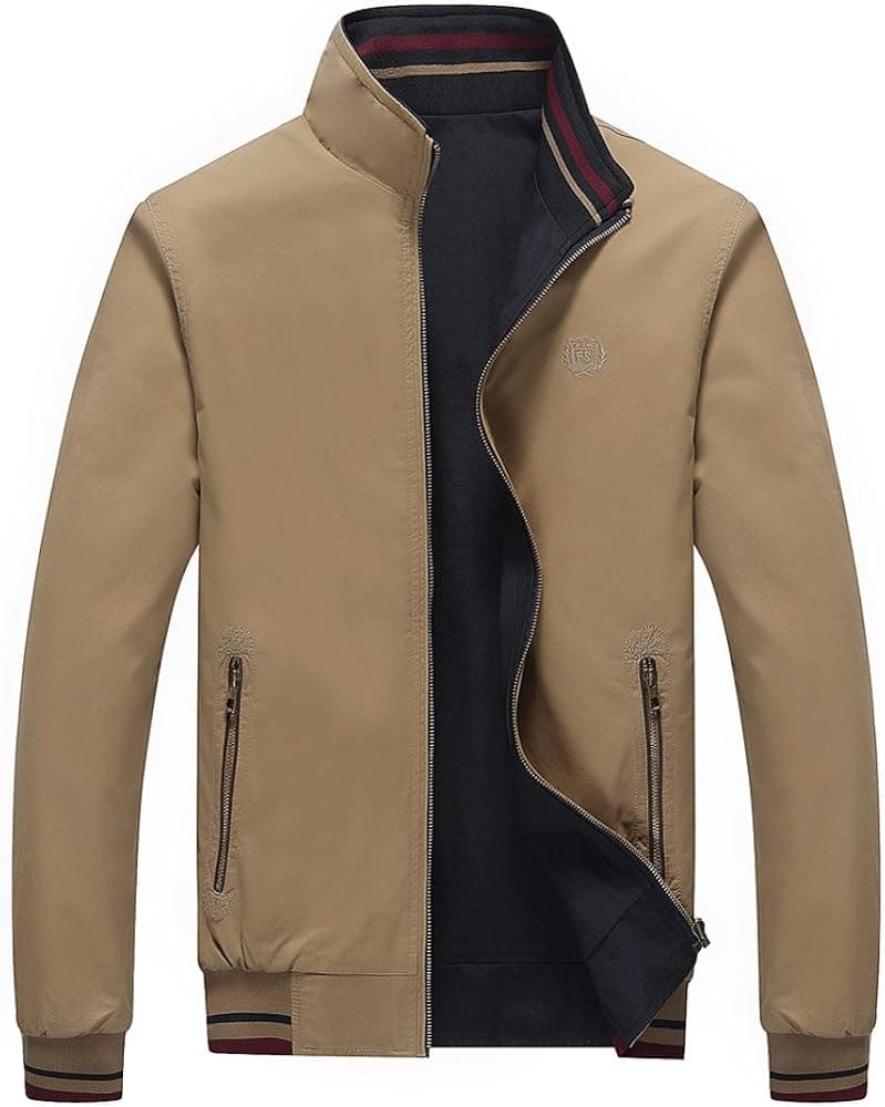 RongYue Men's Casual Cotton Reversible Jacket Light Golf Jacket (Medium, Brown-019)