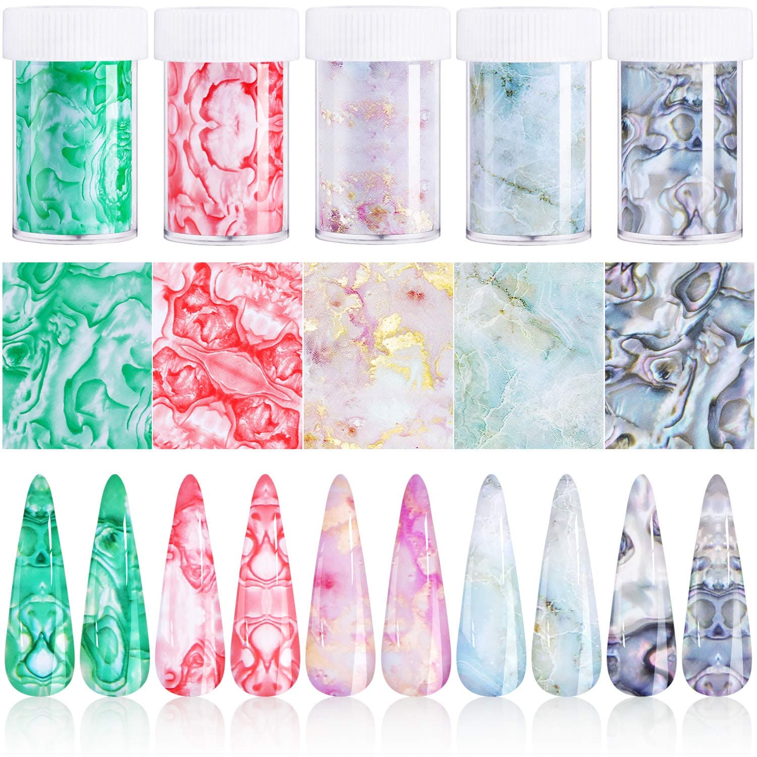 5 Bottles Marble Nail Foil Transfer Sticker, Kissbuty Marble Nail Art Stickers Tips Wraps Foil Transfer Adhesive Glitters Acrylic DIY Nail Decoration