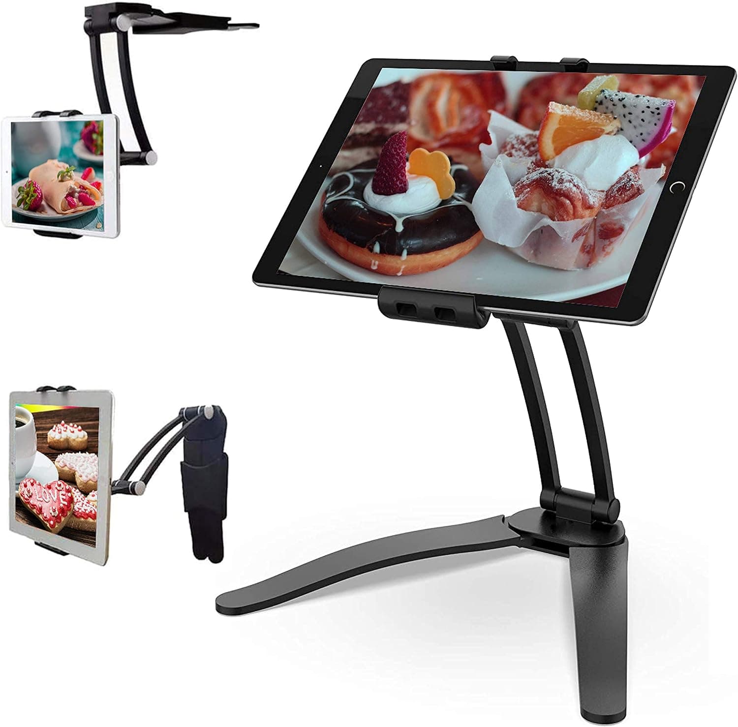 VWMYQ 2-in-1 Kitchen Tablet Stand & Wall Mount/Perfect for Recipe Reading on Countertop or Using on Office Desktop- 4.7 to 15.5 Inch Universal Desktop Mount, for Phone Tablet PC Holder (B-Black)