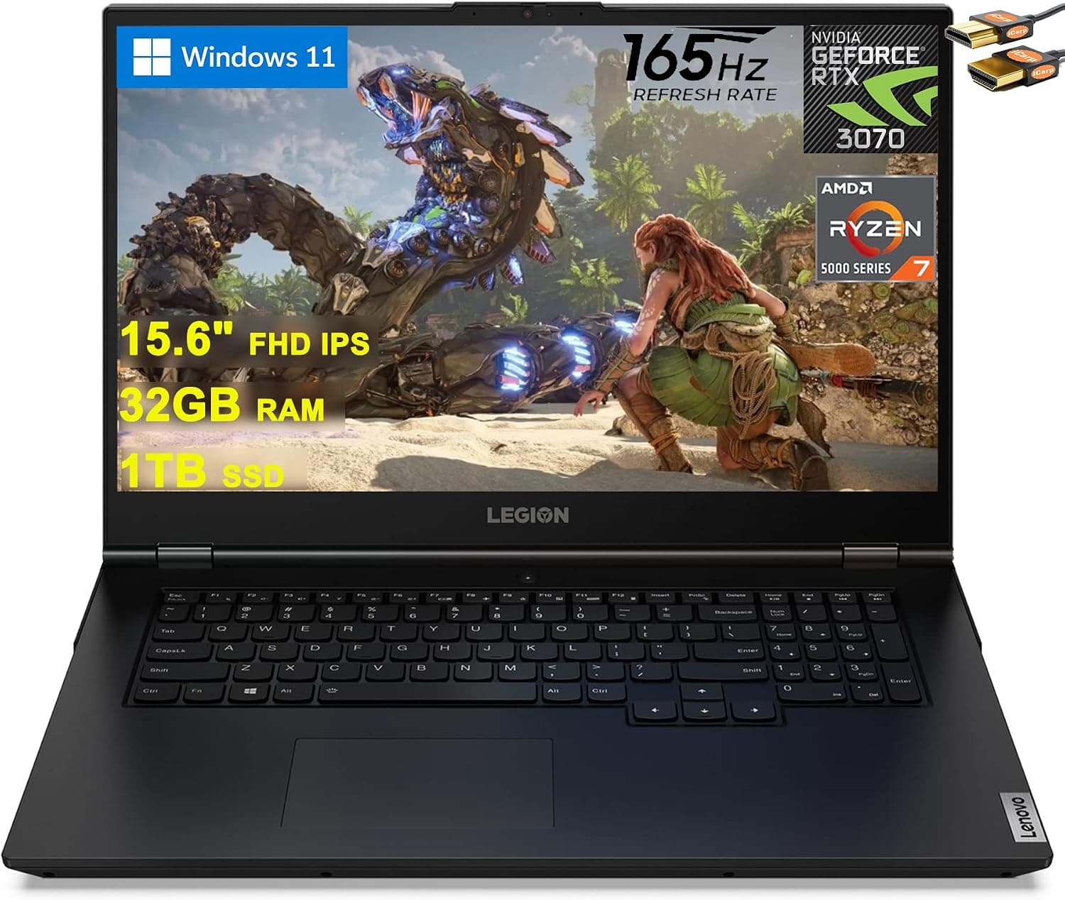 Lenovo Legion 5 15 Gaming Laptop 15.6" FHD IPS 165Hz (300 nits, 100% sRGB) AMD Octa-Core Ryzen 7 5800H (Beats i7-10870H) 32GB RAM 1TB SSD GeForce RTX 3070 8GB Graphic Backlit USB-C Win11 + HDMI Cable