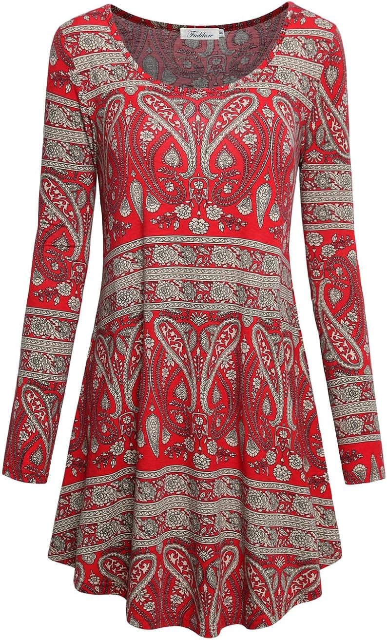 Faddare Long Sleeve Tunic Tops for Legging,women's Scoop neck Casual Paisley Printed Shirt Red Flared Swing Dresses