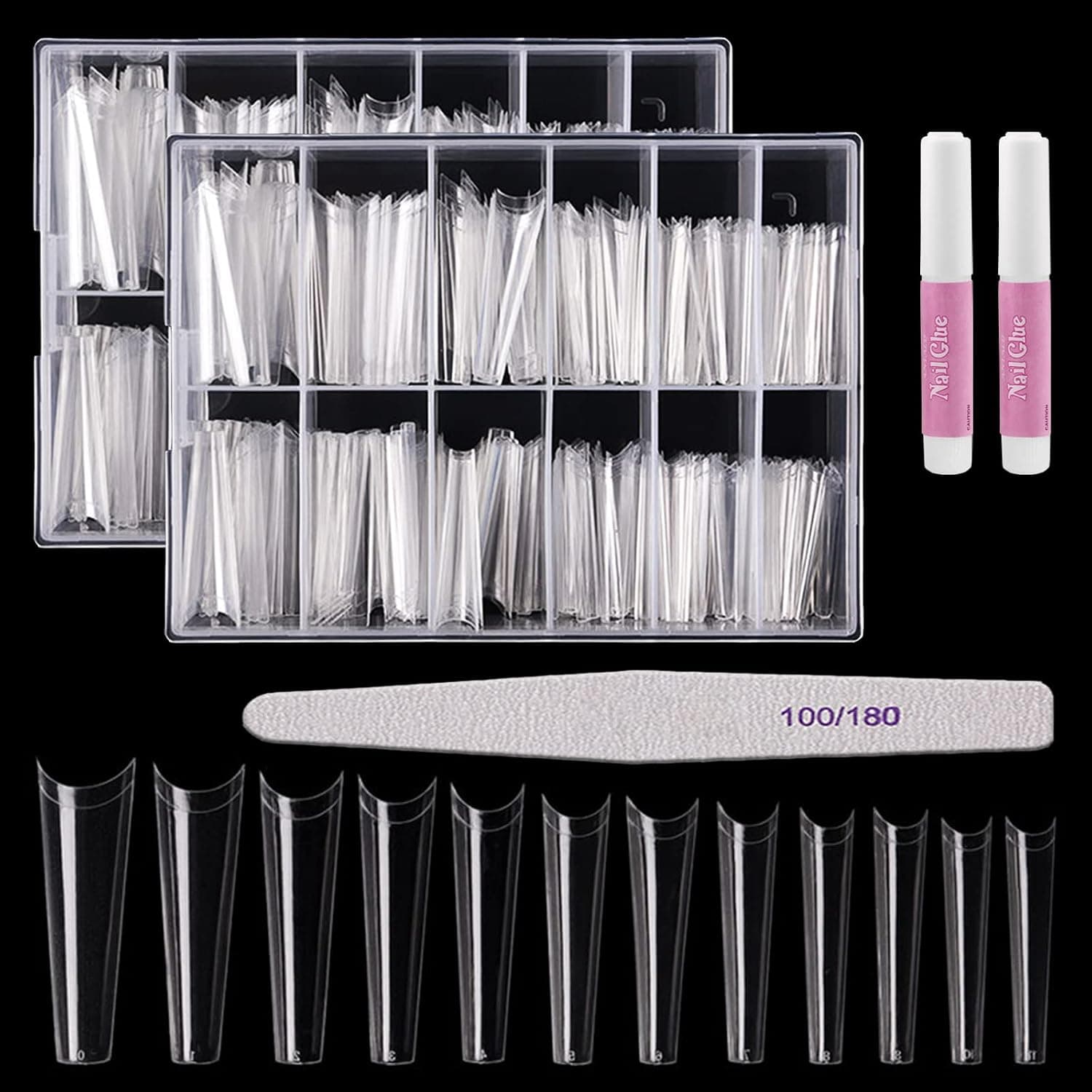 Coffin Nail Tips Acrylic Nail Tips Kit - Beoncall 480Pcs Long Coffin Fake Tips 12 Sizes Half Cover Ballerina Nail Tips Coffin False Tips with No Trace 2Pcs Nail Glues 1Pc Nail File for Nail Salons and Home DIY