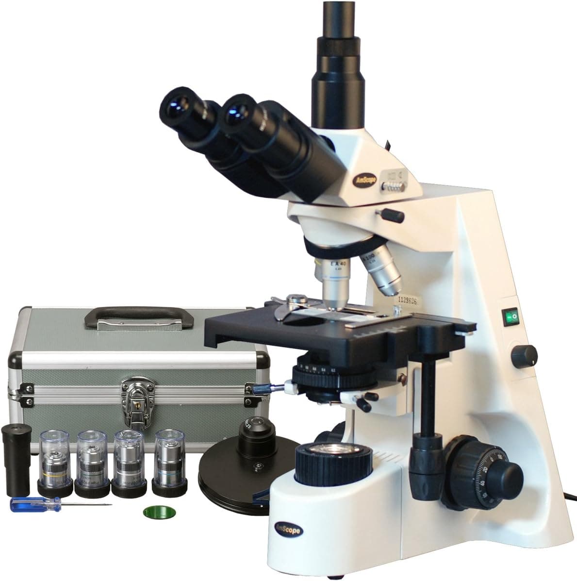 AmScope T690C-PCT200-PL Phase-Contrast Trinocular Compound Microscope, 40X-2500X Magnification, WH10x and WH25x Super-Widefield Eyepieces, Infinity Plan Achromatic Objectives, Brightfield, Kohler Condenser, Double-Layer Mechanical Stage, Includes 4 Phase Contrast Objectives and Turret
